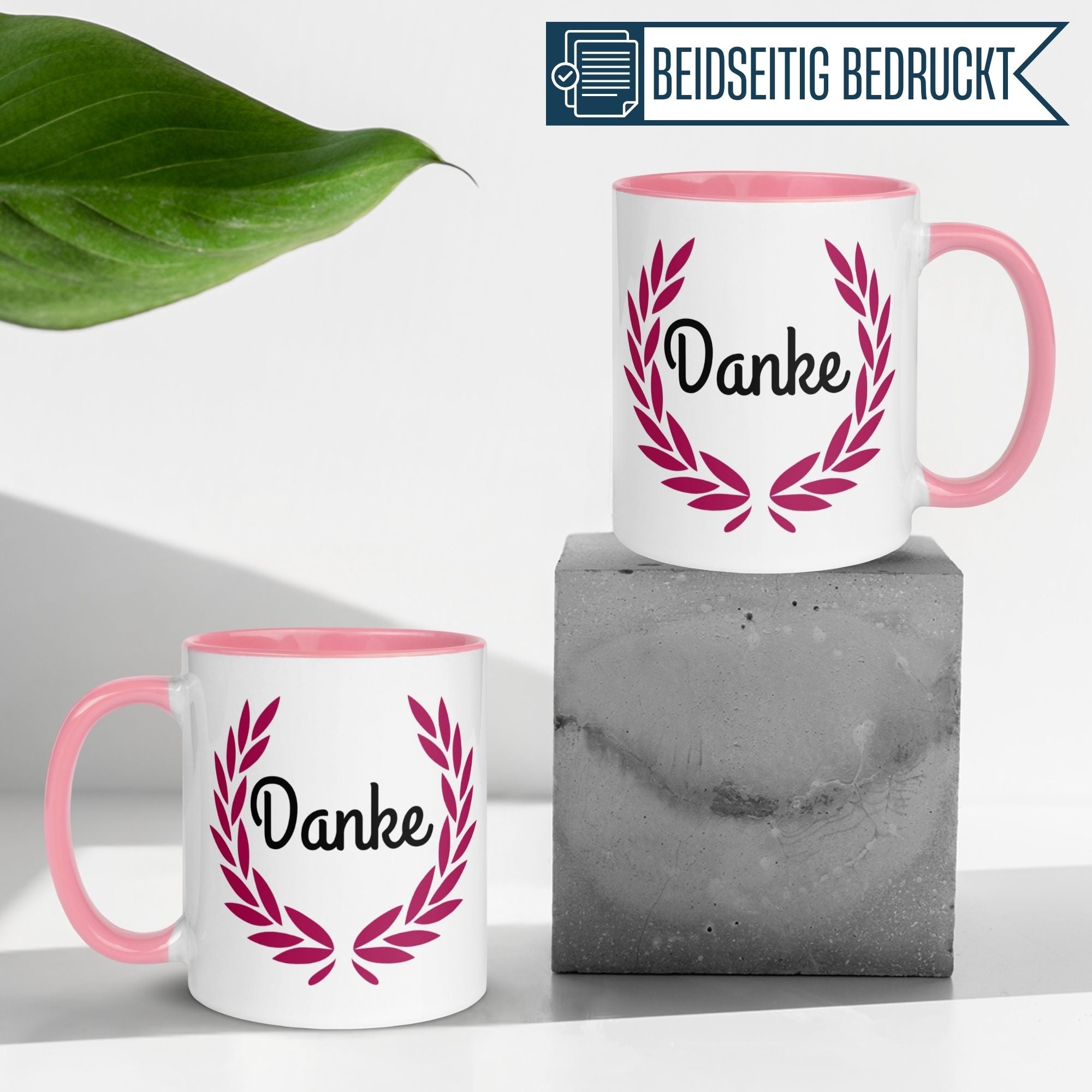 Momentals Tasse Dankeschön mit blütenartigem Kranz und rosa Henkel für stilvolle Dankesbotschaften.
