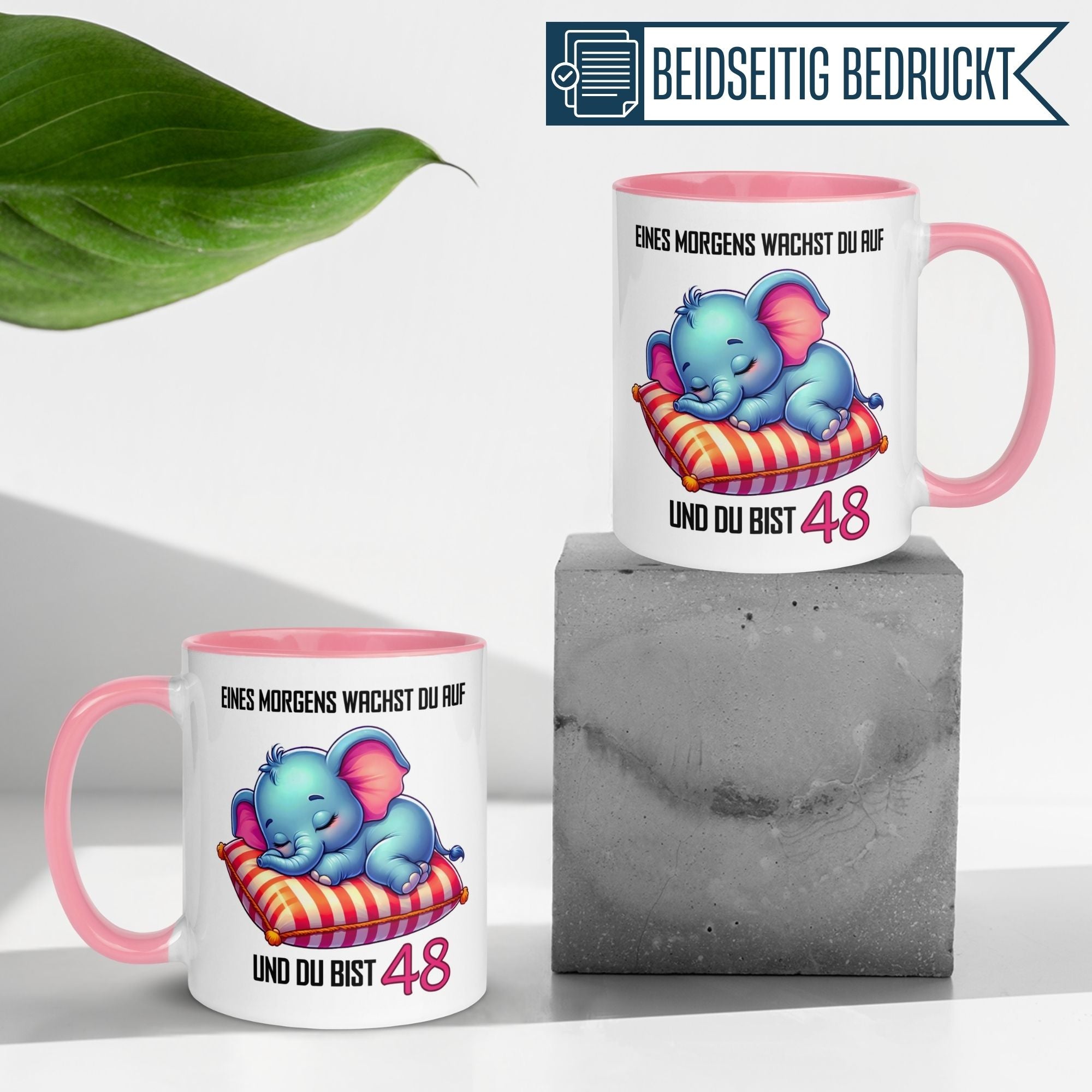 Momentals® Geburtstagstasse für 48 mit niedlichem Elefanten und Spruch "Eines Morgens wachst du auf".