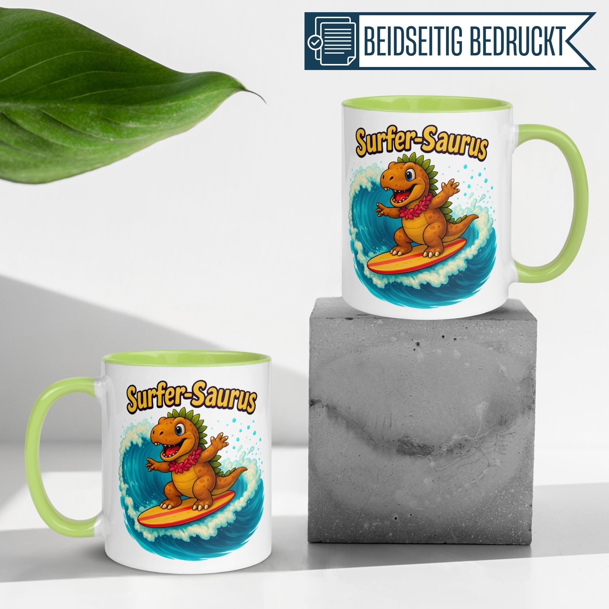 Tasse Dinosaurier – „Surfer Saurus“ – Dino Geschenk Becher für Surf Fans