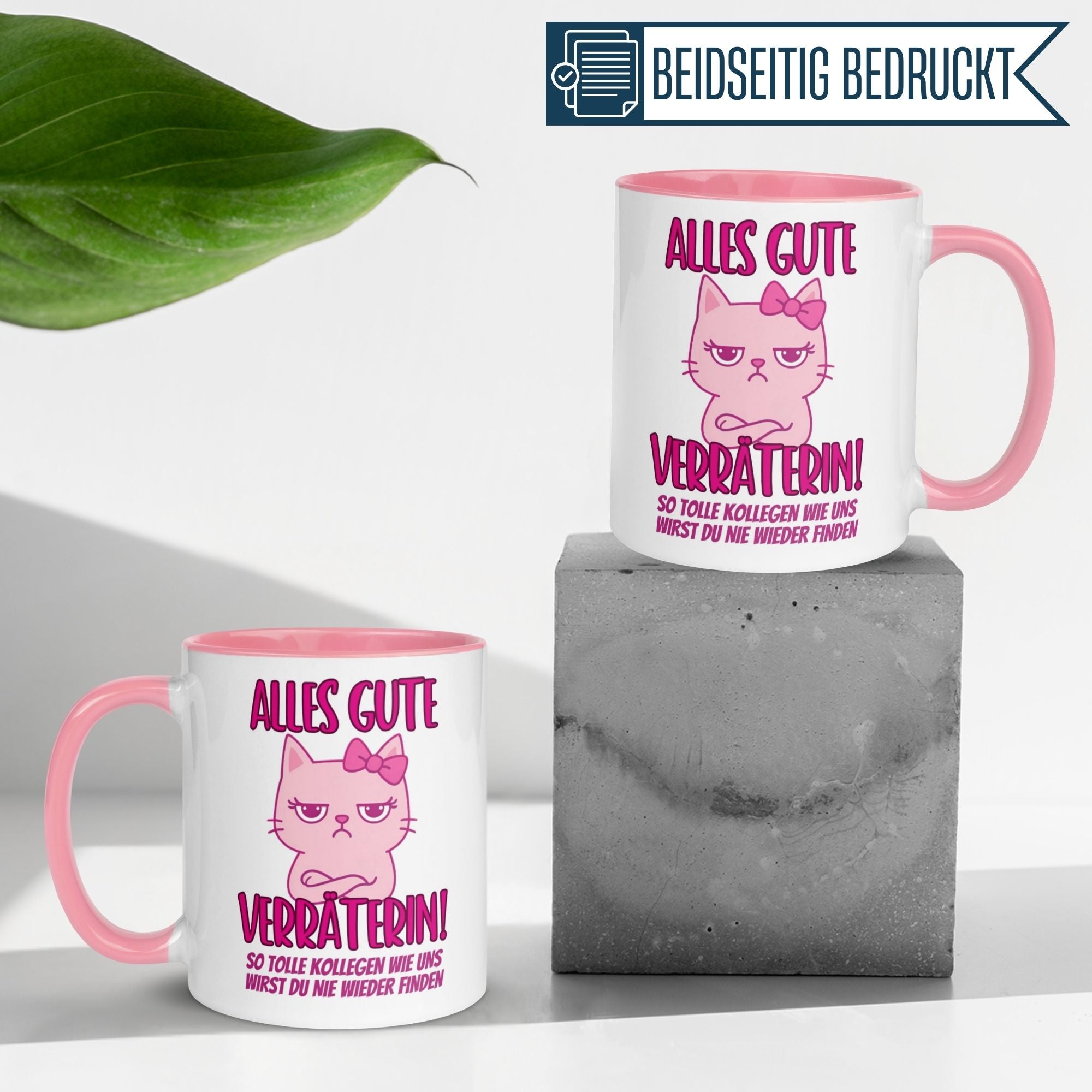Momentals Tasse Abschied mit rosa Katze und Spruch 'Alles Gute Verräterin!' für Kollegen und Freundschaften.