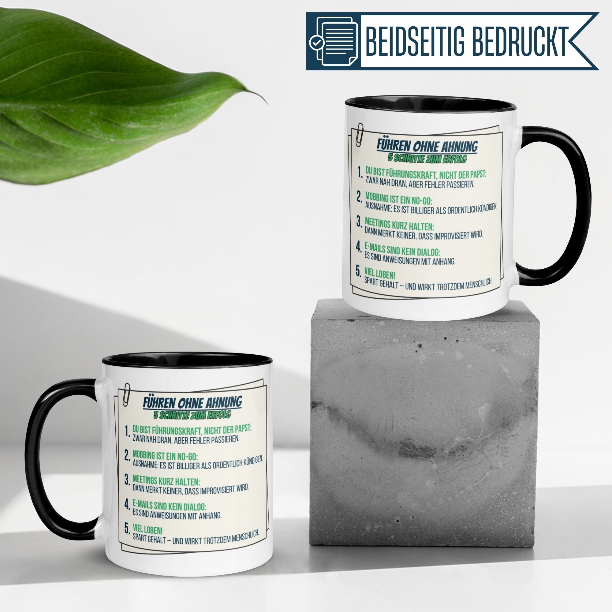 Momentals® Tasse mit Tipps "Führen ohne Ahnung" für humorvolle Abschiede, beidseitig bedruckt