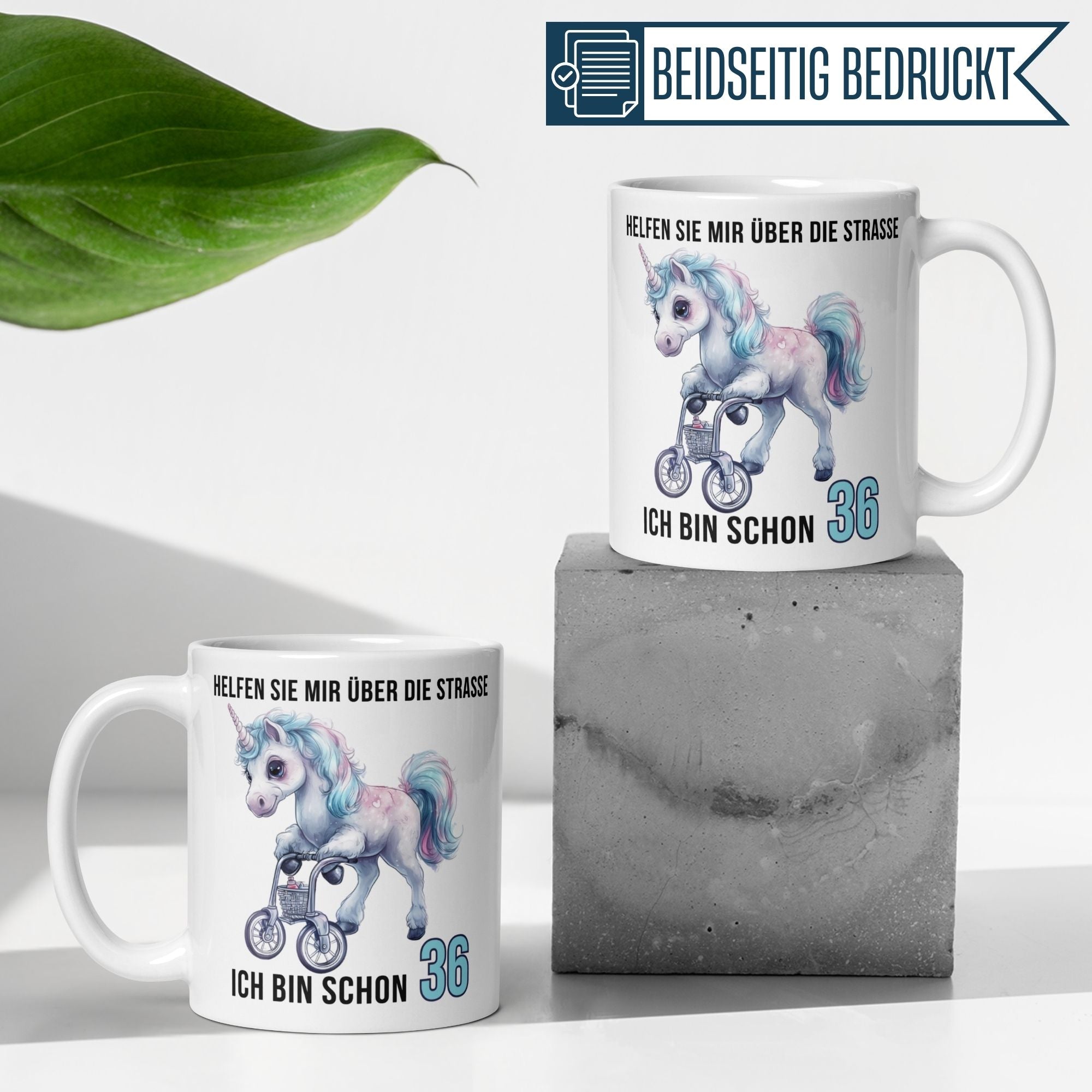Momentals® Tasse 36. Geburtstag | Einhorn & Spruch | Helfen Sie mir über die Straße ich bin schon 36 • Momentals
