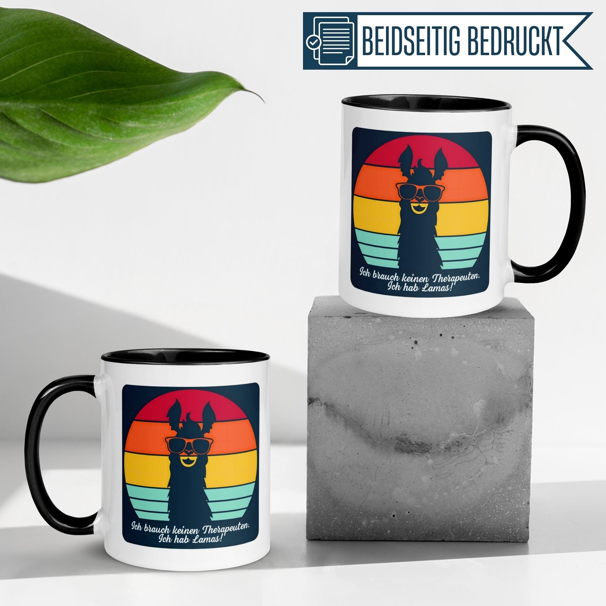 Momentals Tasse mit Lama Motiv und Sonnenuntergang, witziger Spruch für Tierliebhaber.