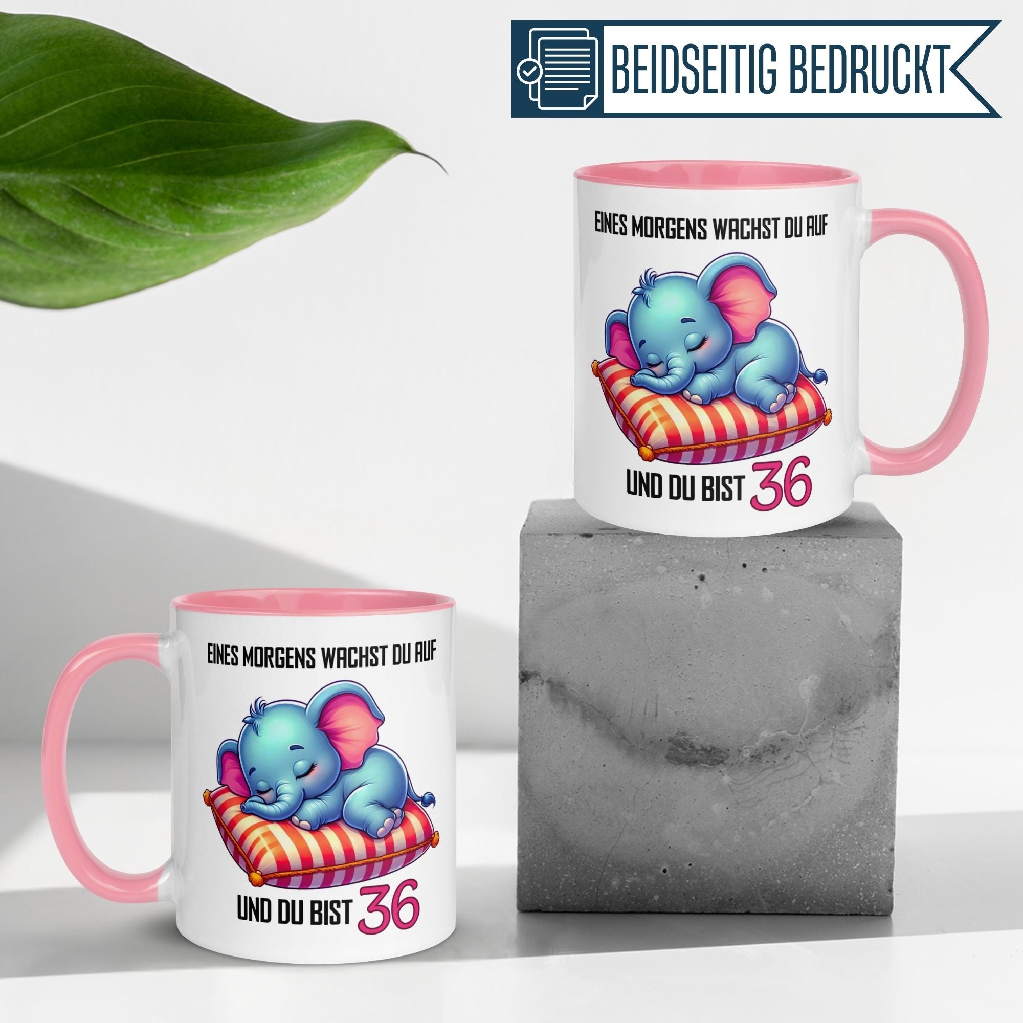 Momentals® Tasse zum 36. Geburtstag mit schlafendem Elefanten und Spruch, beidseitig bedruckt.