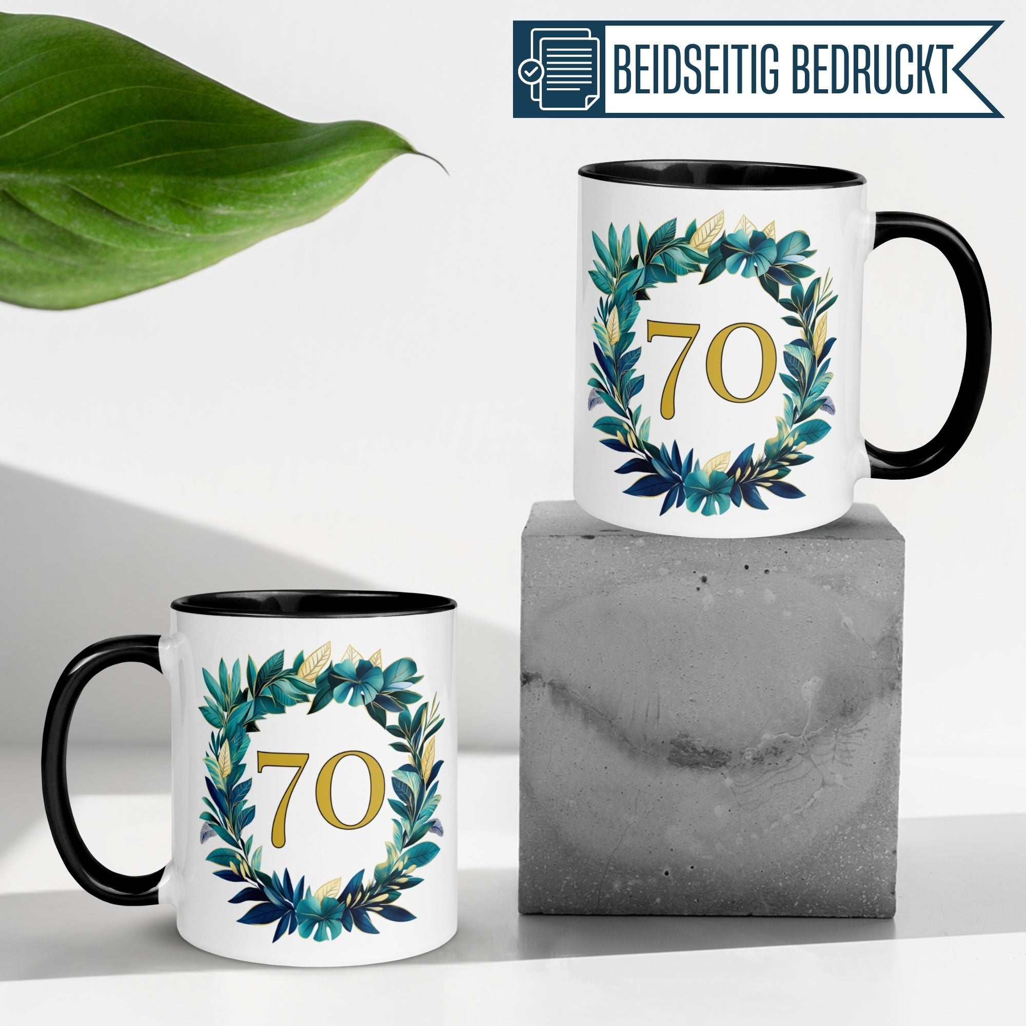Momentals® 70. Geburtstag Tasse im eleganten Blätterkranz, perfekt für besondere Geburtstagsmomente.
