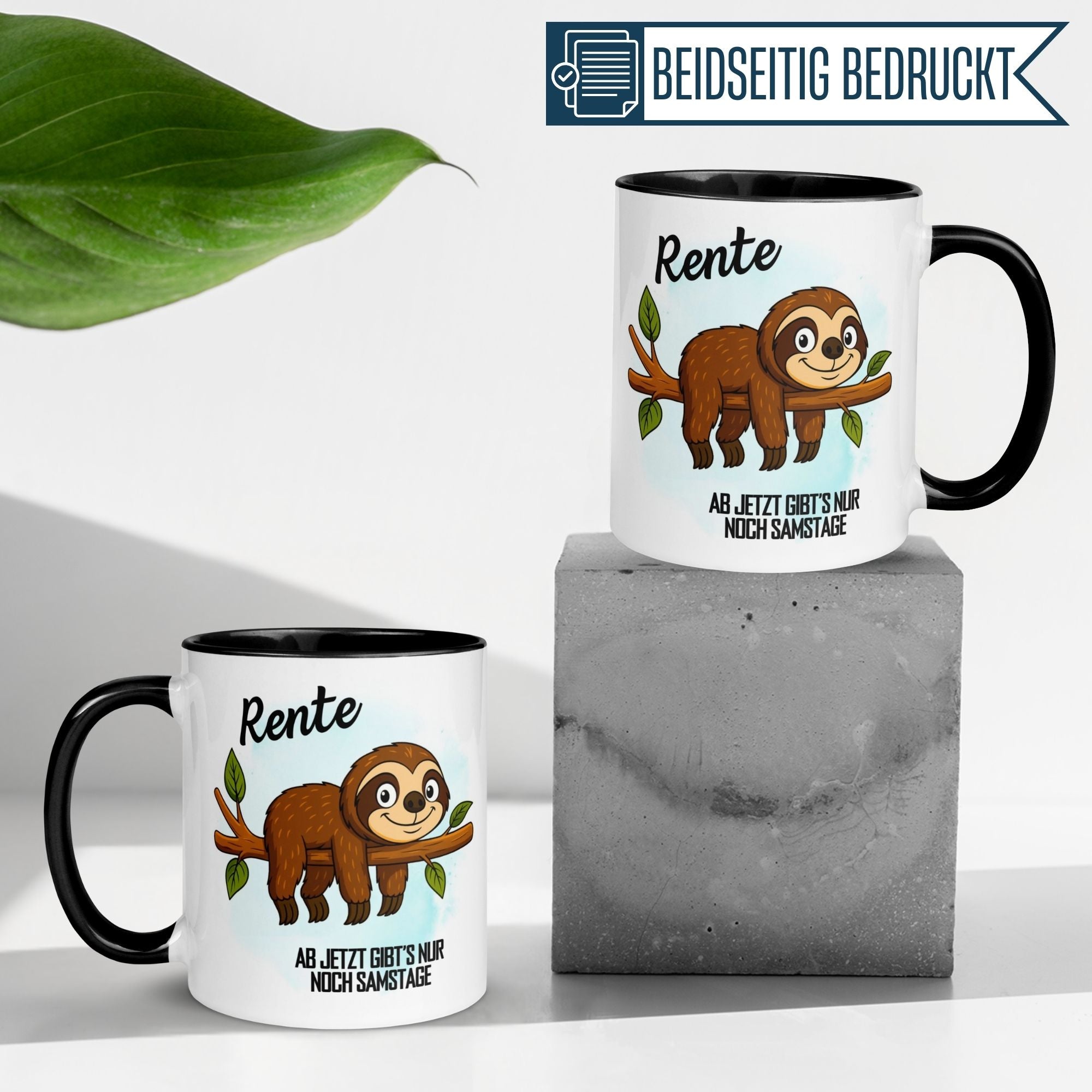 Humorous Momentals® mug featuring a sloth and the saying "Rente - Ab jetzt gibt’s nur noch Samstage" for retirement relaxation.