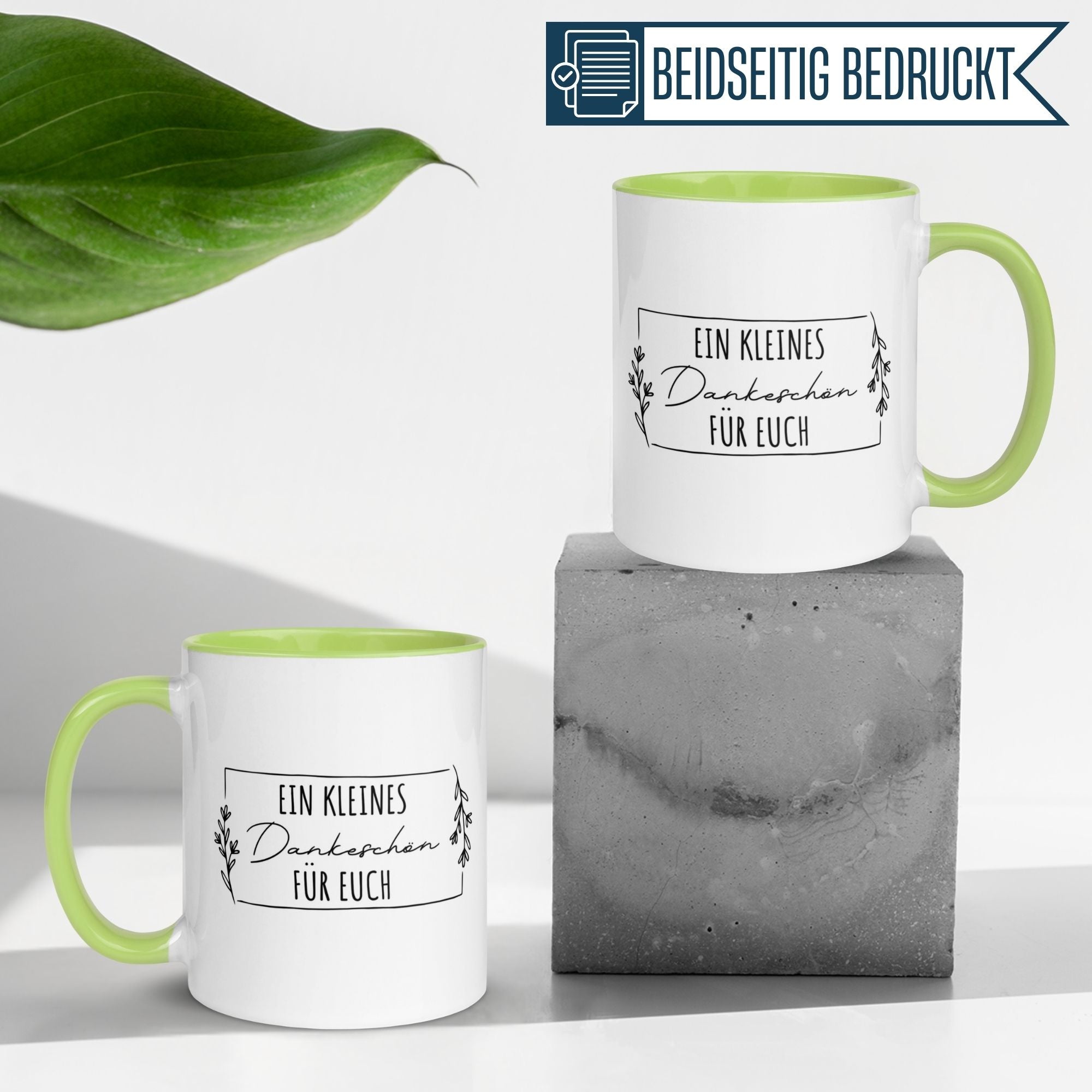 Momentals Tasse Danke mit grünem Henkel und Zweig-Motiv, perfekte Wertschätzung für euch.