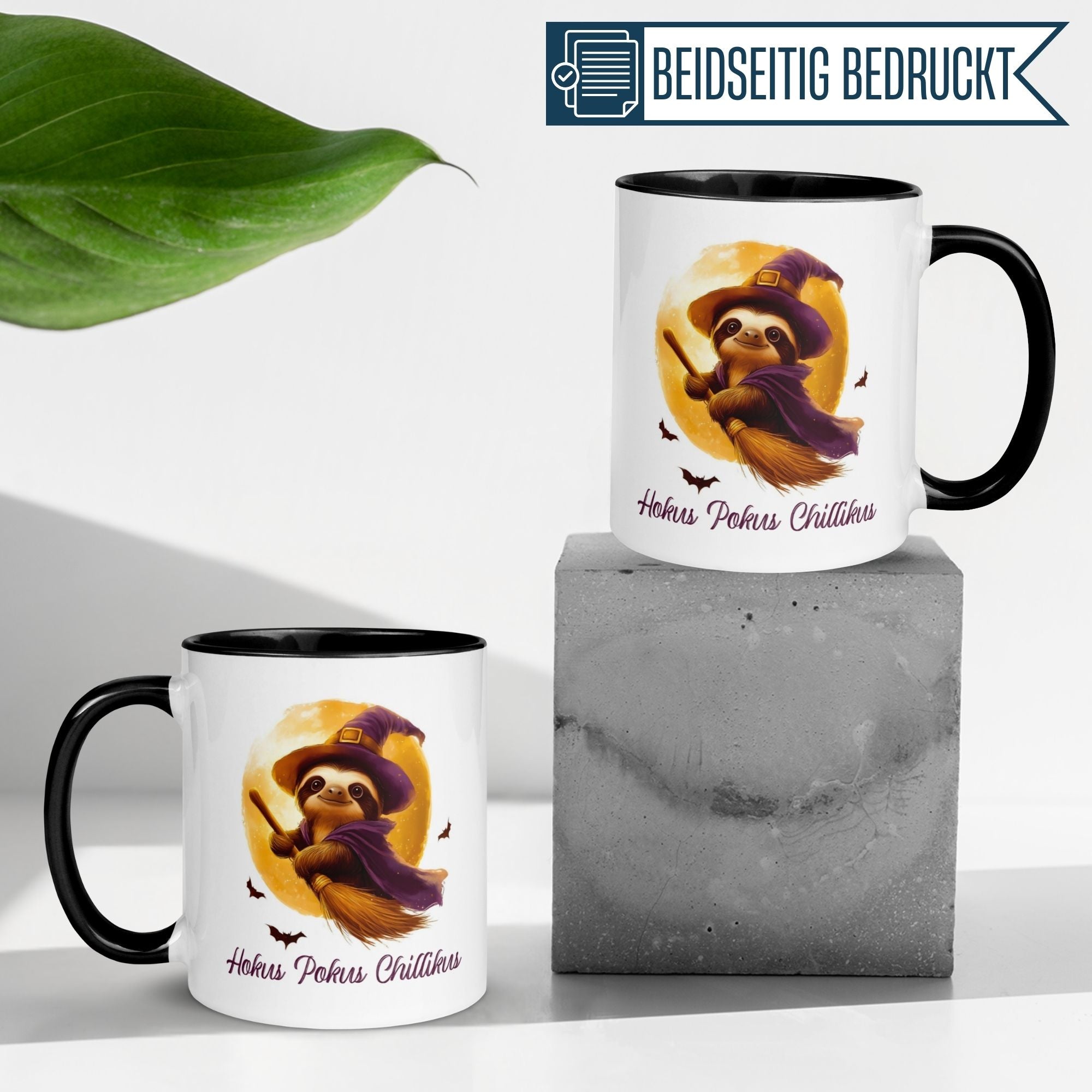 Momentals Tasse mit Faultier und Spruch 'Hokus Pokus Chillikus', kreativ und witzig für entspannte Momente.