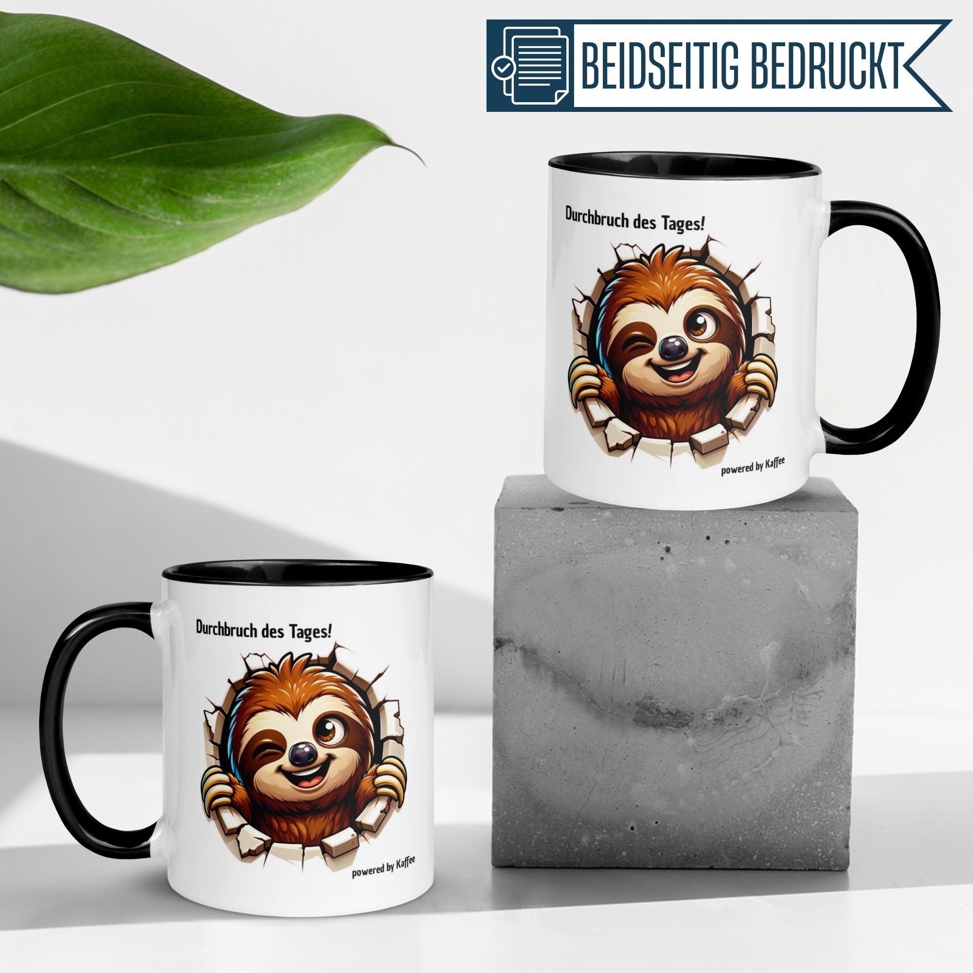 Momentals® Tasse mit Faultier, spritzige Botschaft "Durchbruch des Tages!" auf beidseitig bedruckter Kaffeetasse.