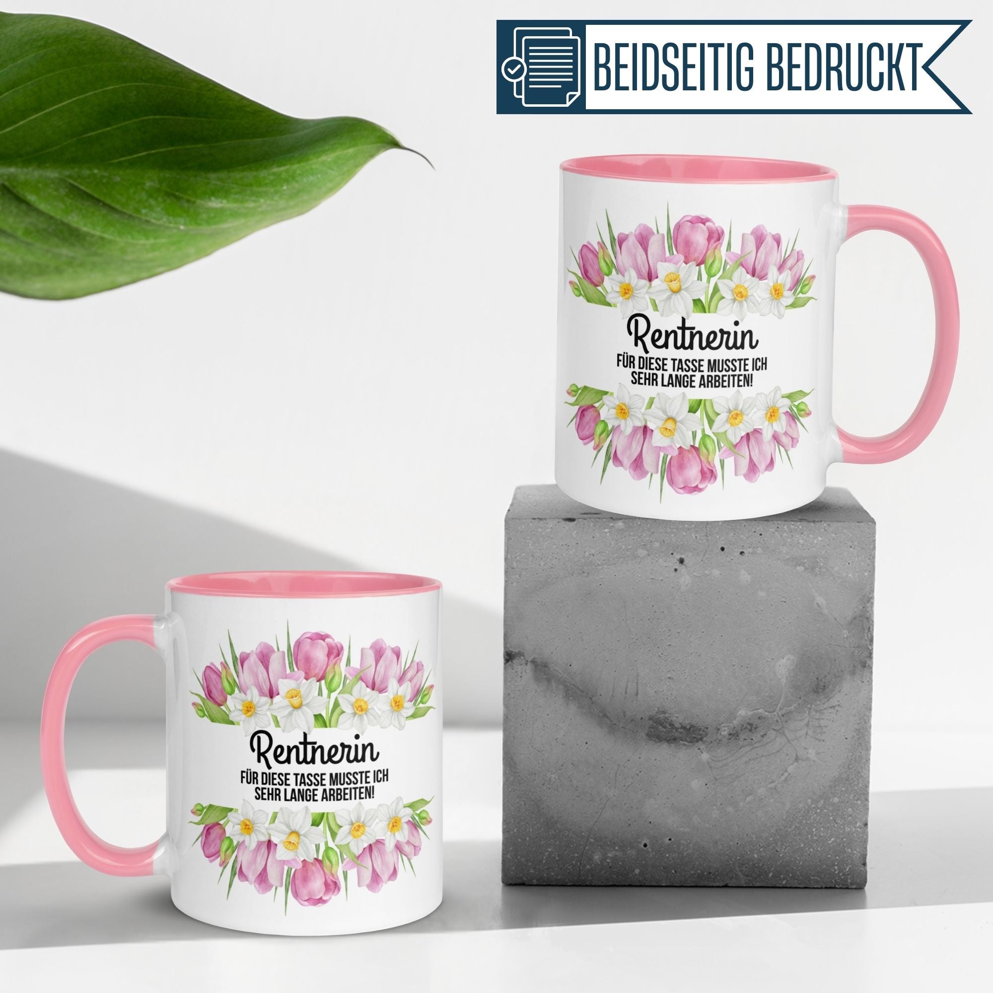Momentals Tasse Rente mit buntem Blumenmotiv für Rentnerinnen, ideal als Geschenk zum Renteneintritt.