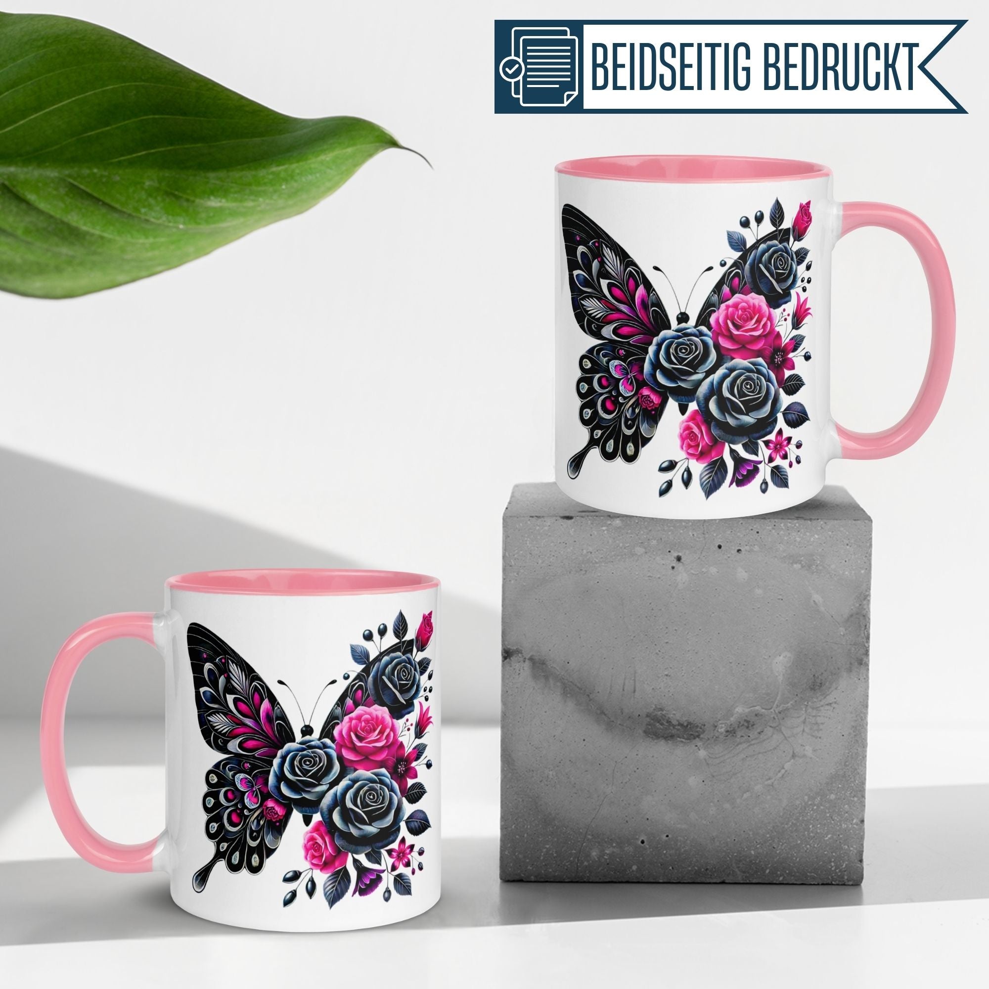 Momentals® Tasse | Schmetterling & Rosendesign | Dunkle Eleganz in Schwarz & Pink