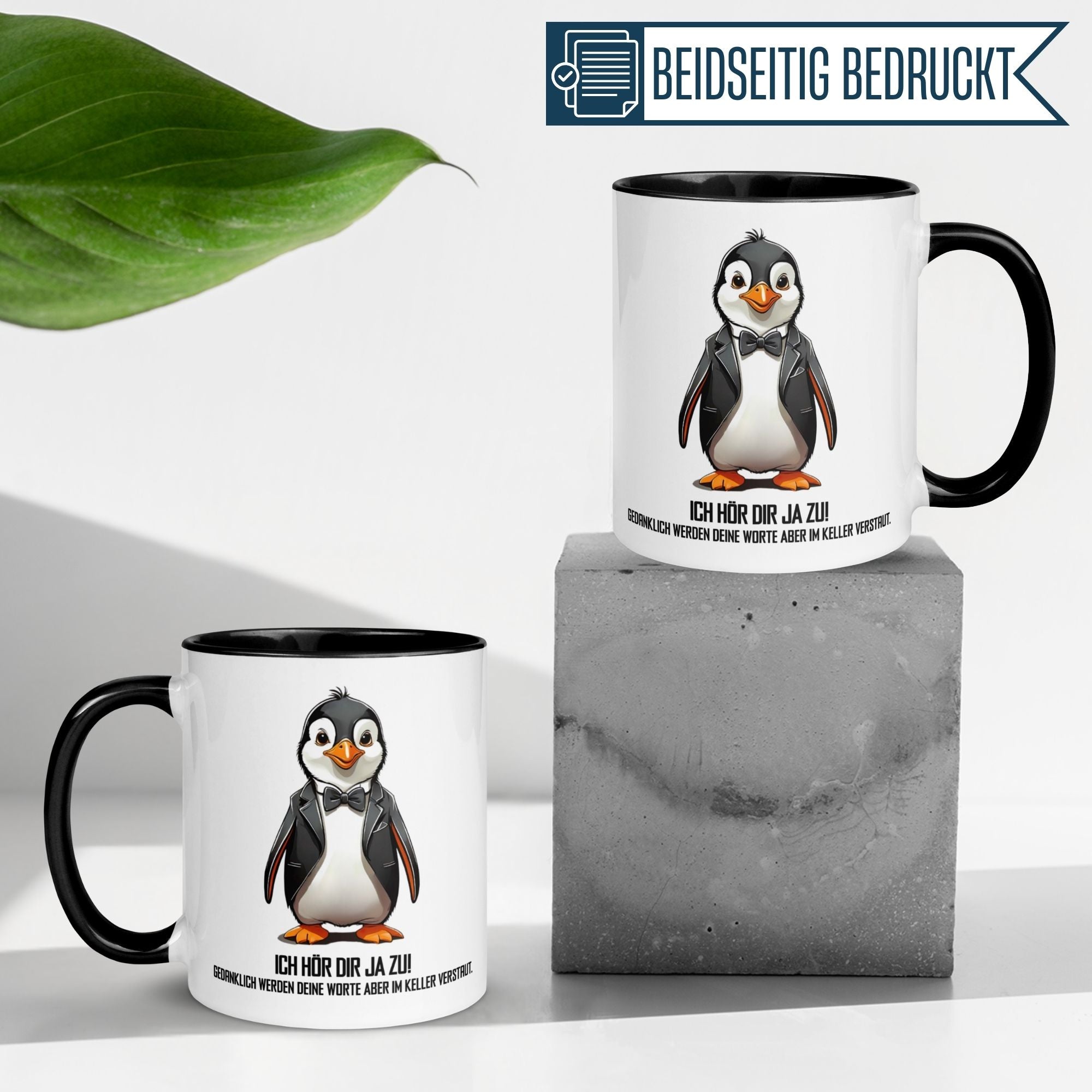 Momentals Tasse für Morgenmuffel mit Pinguin-Motiv und Spruch "Ich hör dir ja zu!"