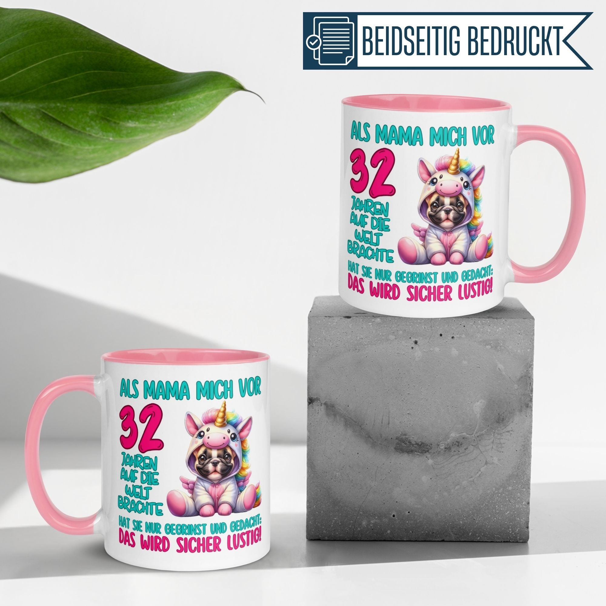 Kreative Momentals Geburtstagstasse für 32. Geburtstag mit Einhorn und Hund, lustiges Design.