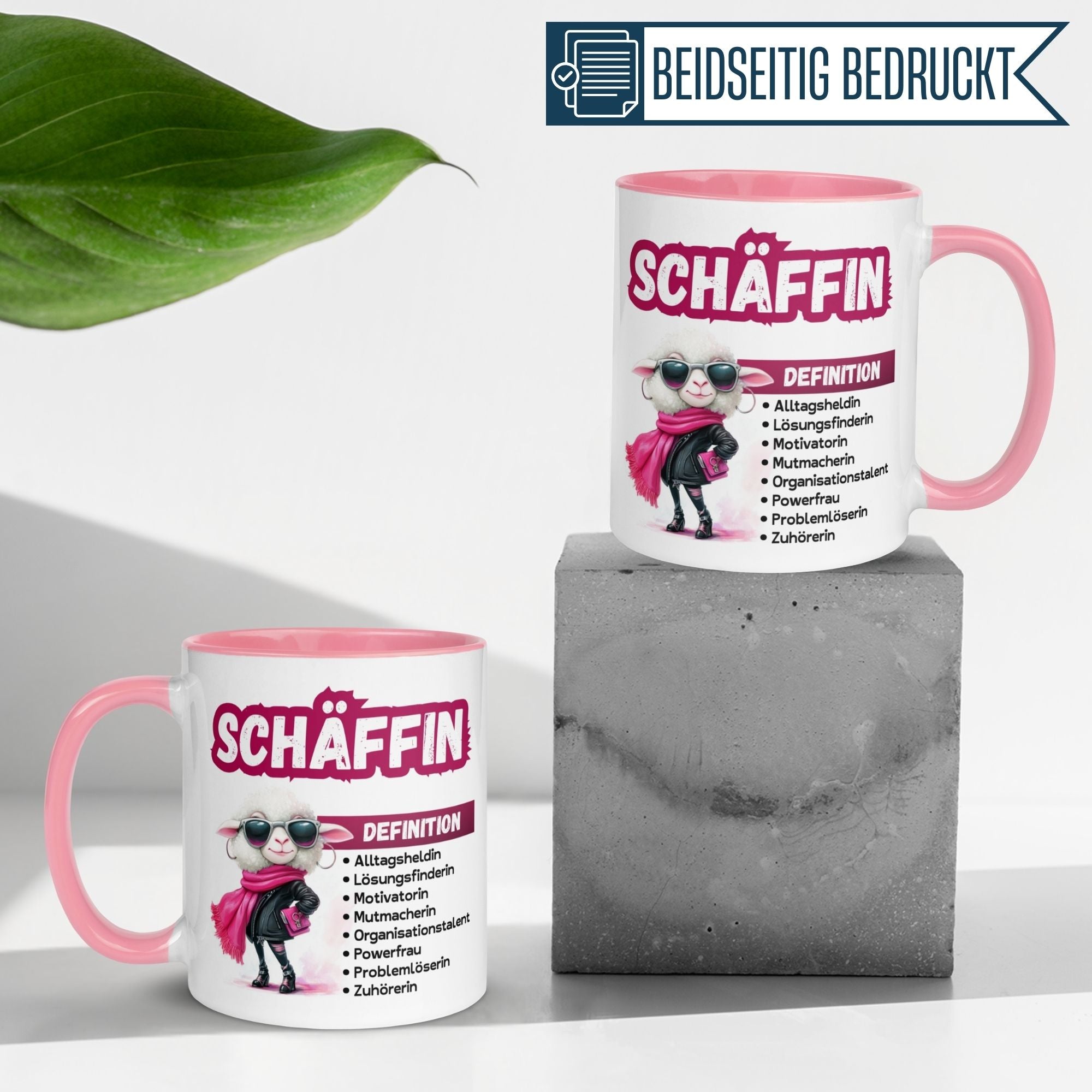 Momentals® Tasse Chefin mit Schaf-Motiv, beidseitig bedruckt, humorvoll und respektvoll als Abschiedsgeschenk.