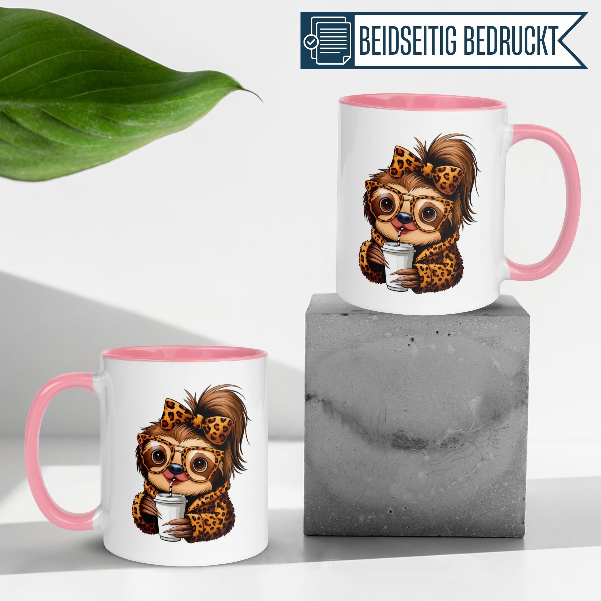 Stylish sloth mug with leopard print and pink accents, perfect for coffee lovers and trendy gifts.