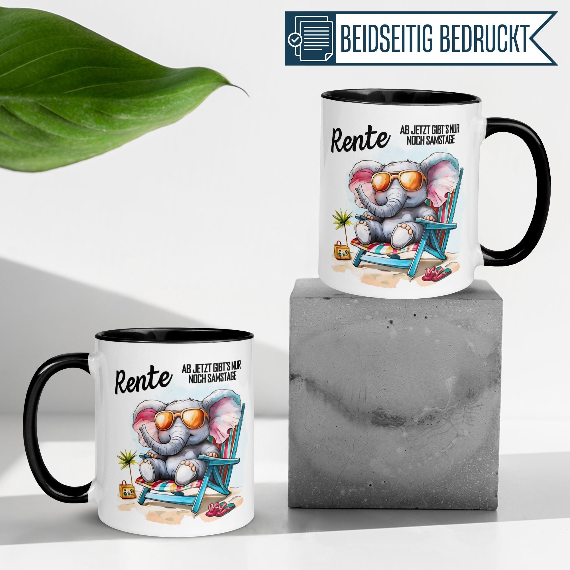 Momentals® Tasse Rente mit Elefant in Sonne, Spruch "Ab jetzt gibt’s nur noch Samstage", beidseitig bedruckt.