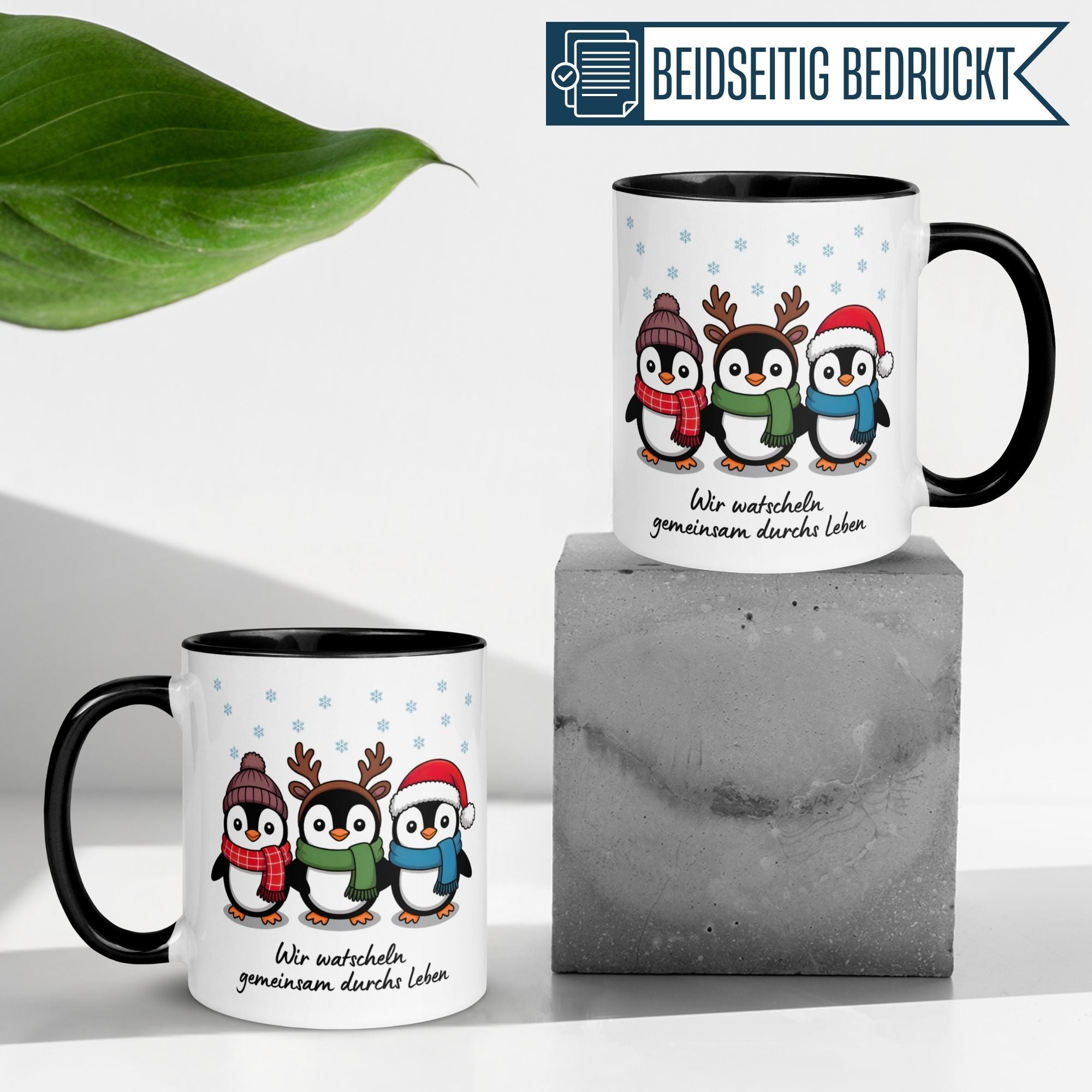 Tasse Pinguin – „Wir watscheln gemeinsam durchs Leben“ – lustiger Geschenk Becher