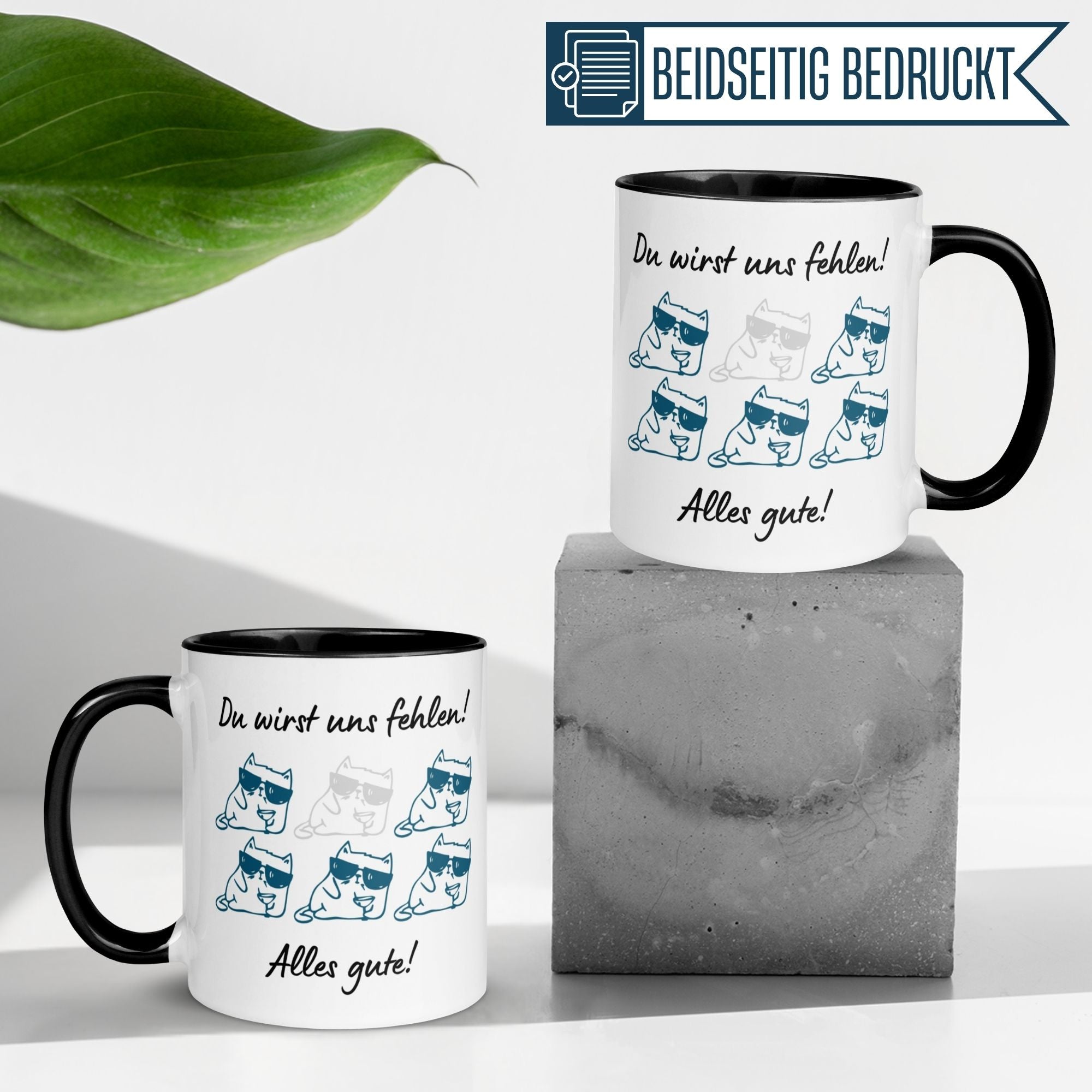 Momentals Tasse 'Du wirst uns fehlen!' mit Katzenmotiv, perfekte für Abschiedsgeschenke.