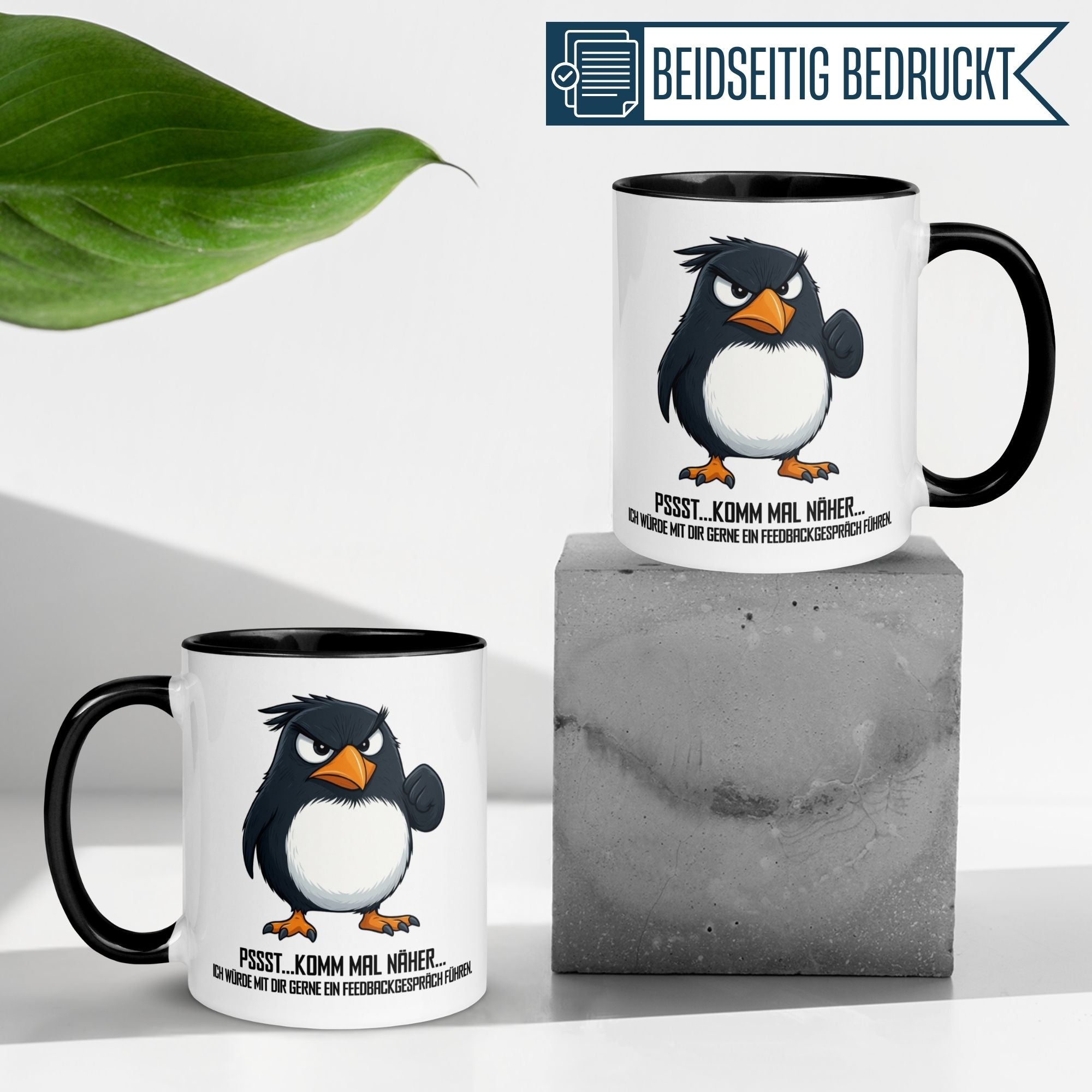 Momentals Pinguin Tasse mit humorvollem Spruch für Morgenmuffel, ideal für Kaffeeliebhaber.