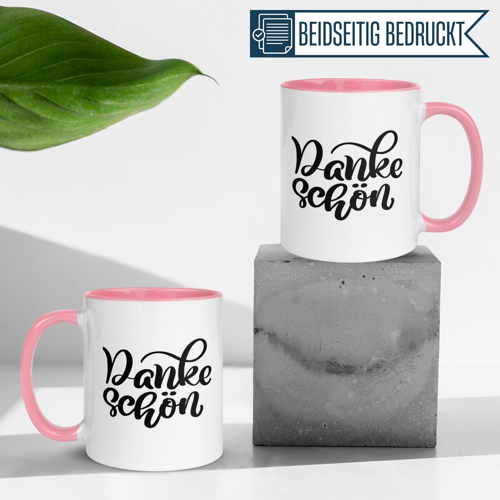 Momentals® Tasse Danke mit pinkem Henkel und elegantem Schriftzug für Dankeschön in stilvollem Design.