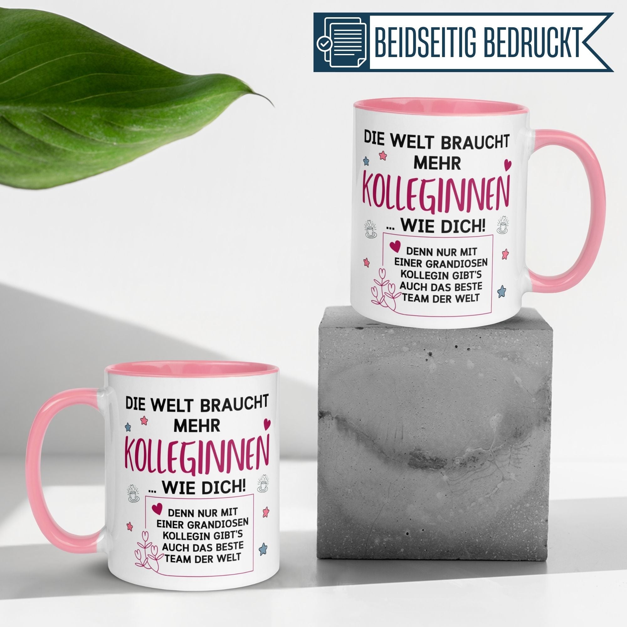 Momentals Tasse mit Spruch für Kolleginnen, buntes Design mit Herzen und Sternen, perfekt als Dankeschön.