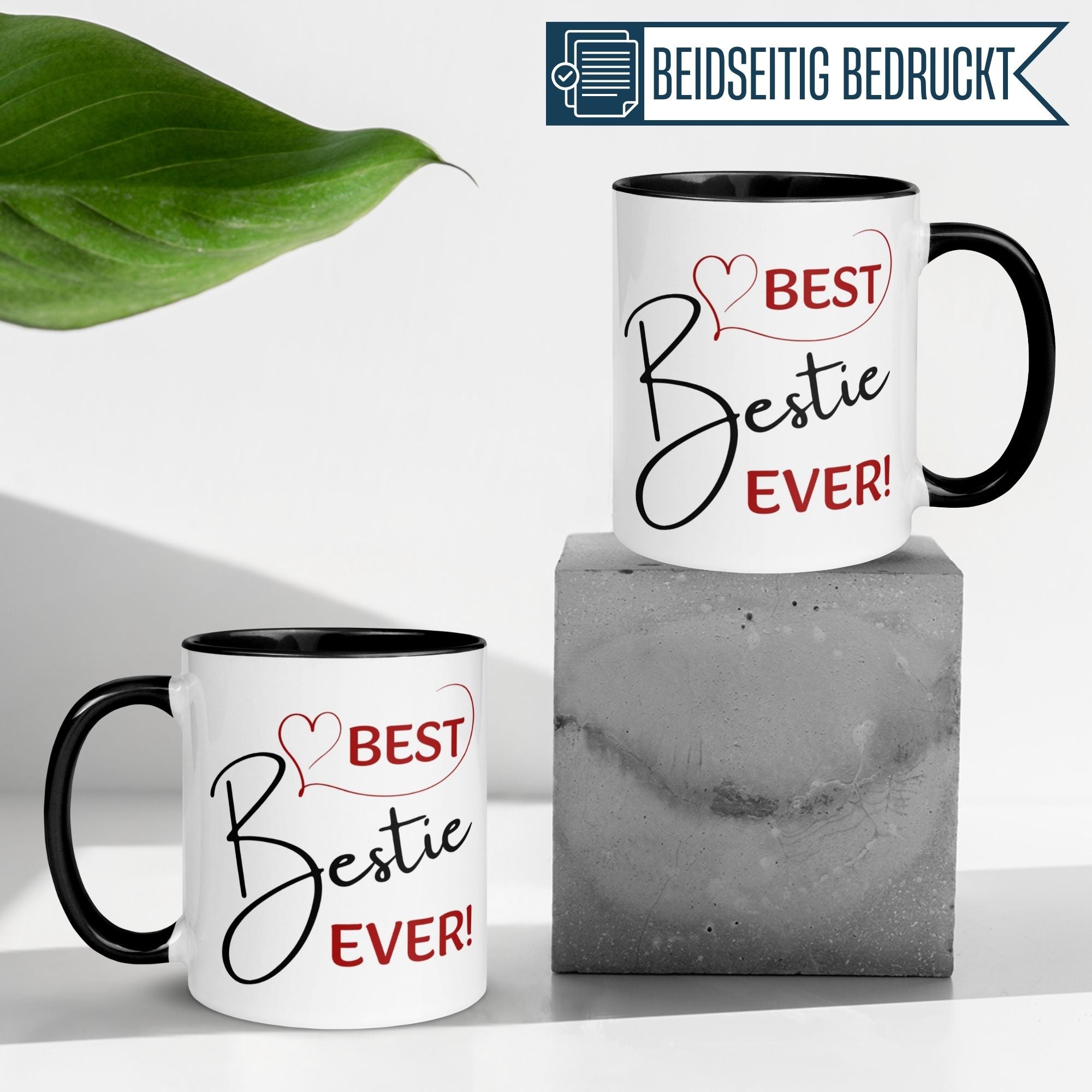 Momentals® Tasse mit Schriftzug 'Best Bestie Ever!' in pink-schwarz, ideal für beste Freundinnen.