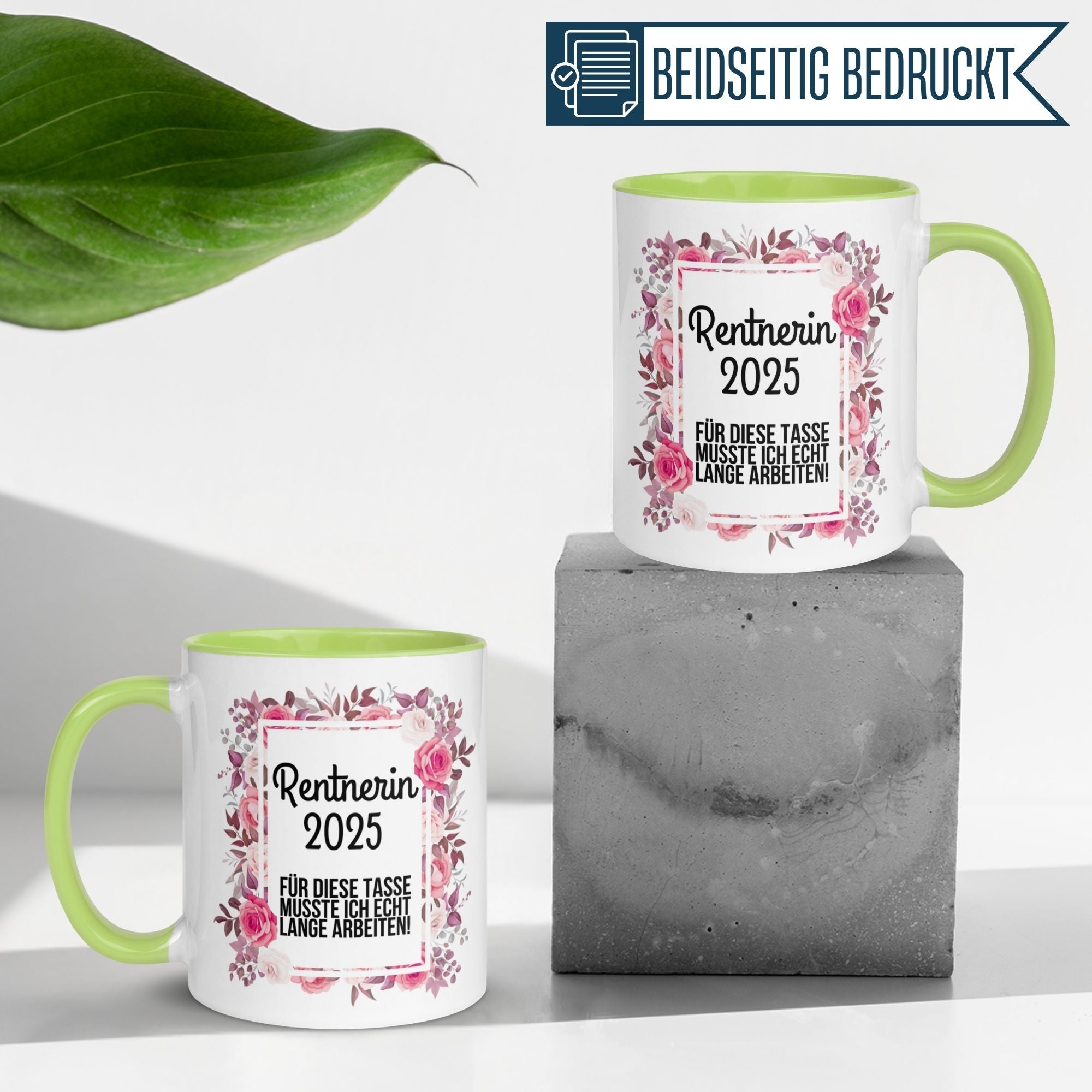 Momentals Tasse Rentnerin 2025 mit buntem Blumenkranz, perfekt als Geschenk zum Renteneintritt.