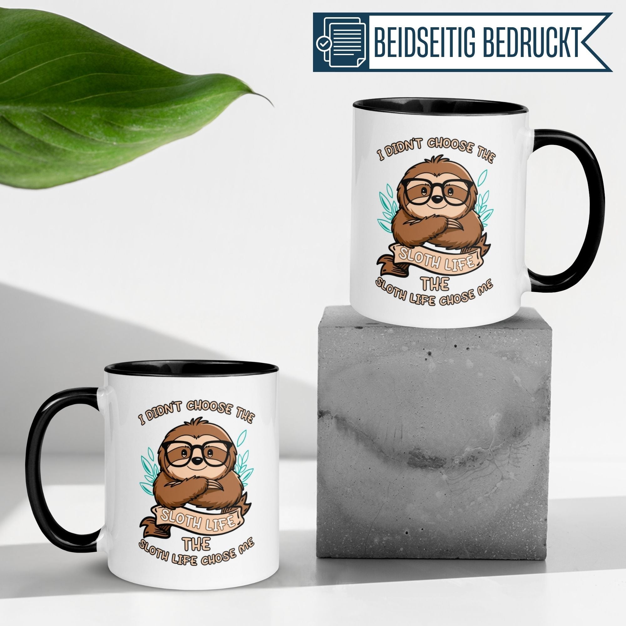 Momentals® sloth mug with the text "I didn't choose the sloth life" featuring a cool sloth in glasses.