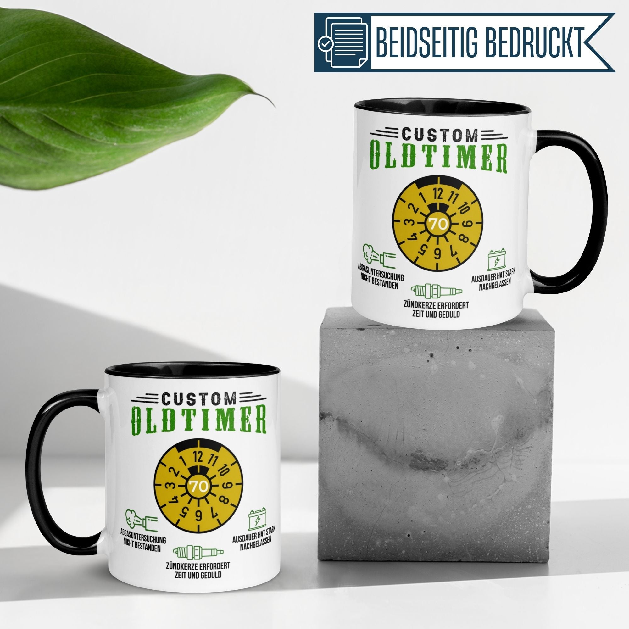 Momentals® Tasse zum 70. Geburtstag mit humorvollem Oldtimer-Motiv, perfekt für Männer.