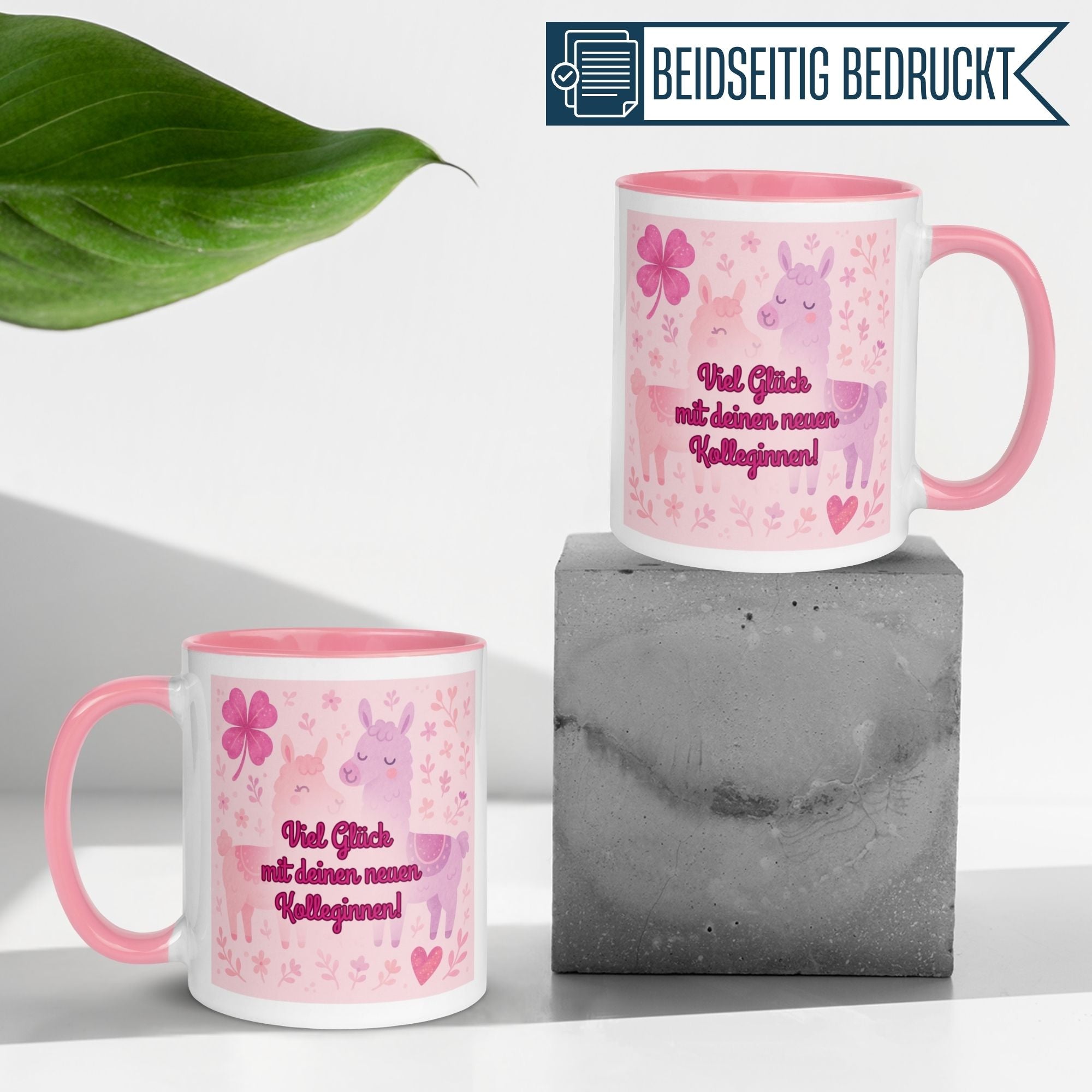 Momentals Tasse mit Lama-Motiv und Spruch für neue Kolleginnen, rosa Design und Freundschaftssymbolik.