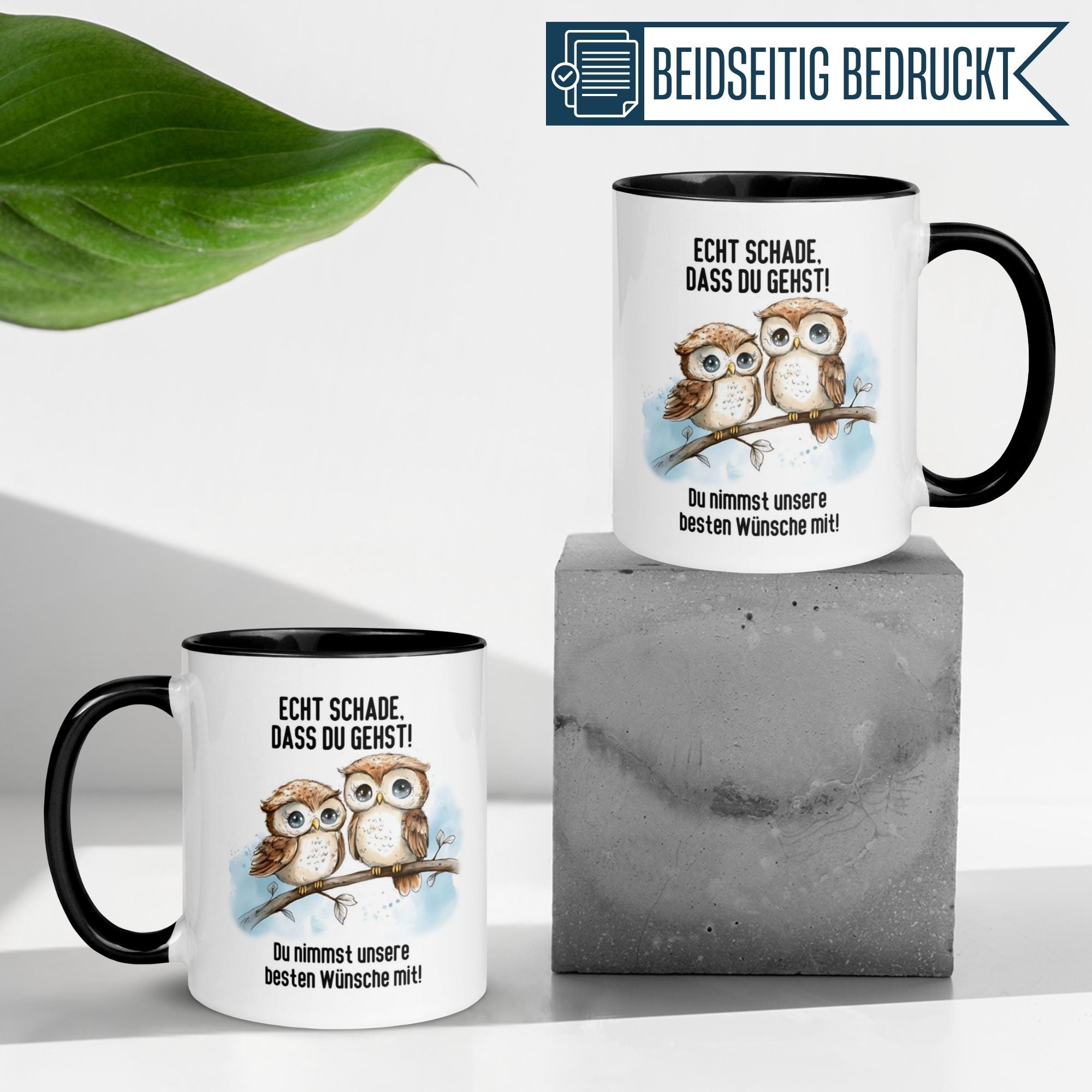 Momentals® Tasse mit Eulenmotiv und humorvollem Abschiedsspruch, ideal als Geschenk für Kollegen.