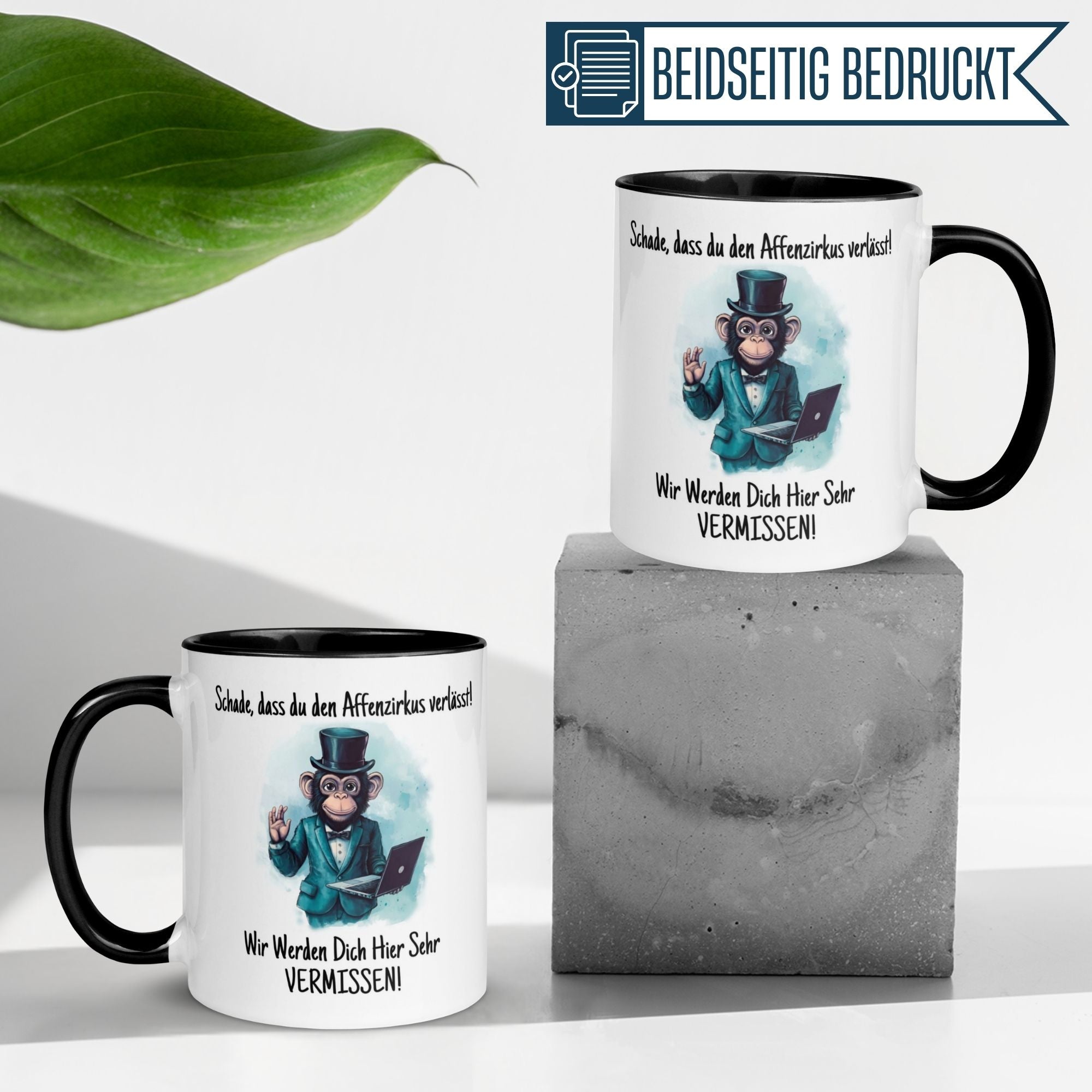 Momentals Tasse Abschied mit Affe und witzigem Spruch, ideal für Kolleginnen als Abschiedsgeschenk.