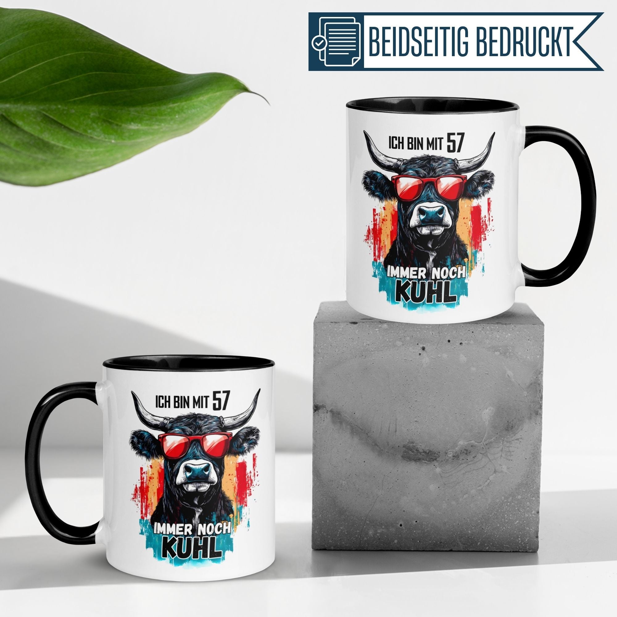 Humorous 57th birthday mug with a cool cow design saying 'Ich bin mit 57 immer noch KUHL'