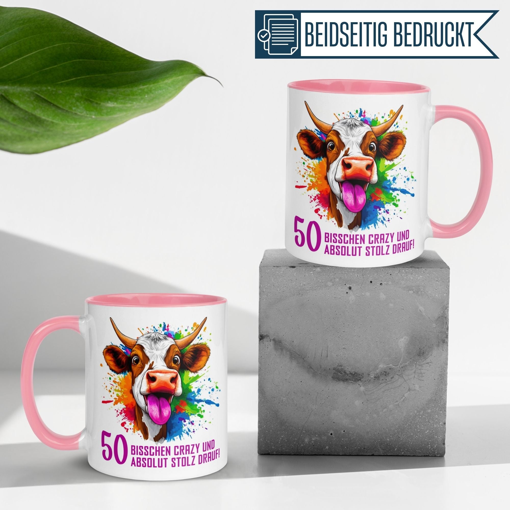 Originelle Geburtstagstasse zum 50. Geburtstag mit Kuhmotiv, witzigem Spruch und buntem Design, perfekt für Frauen.