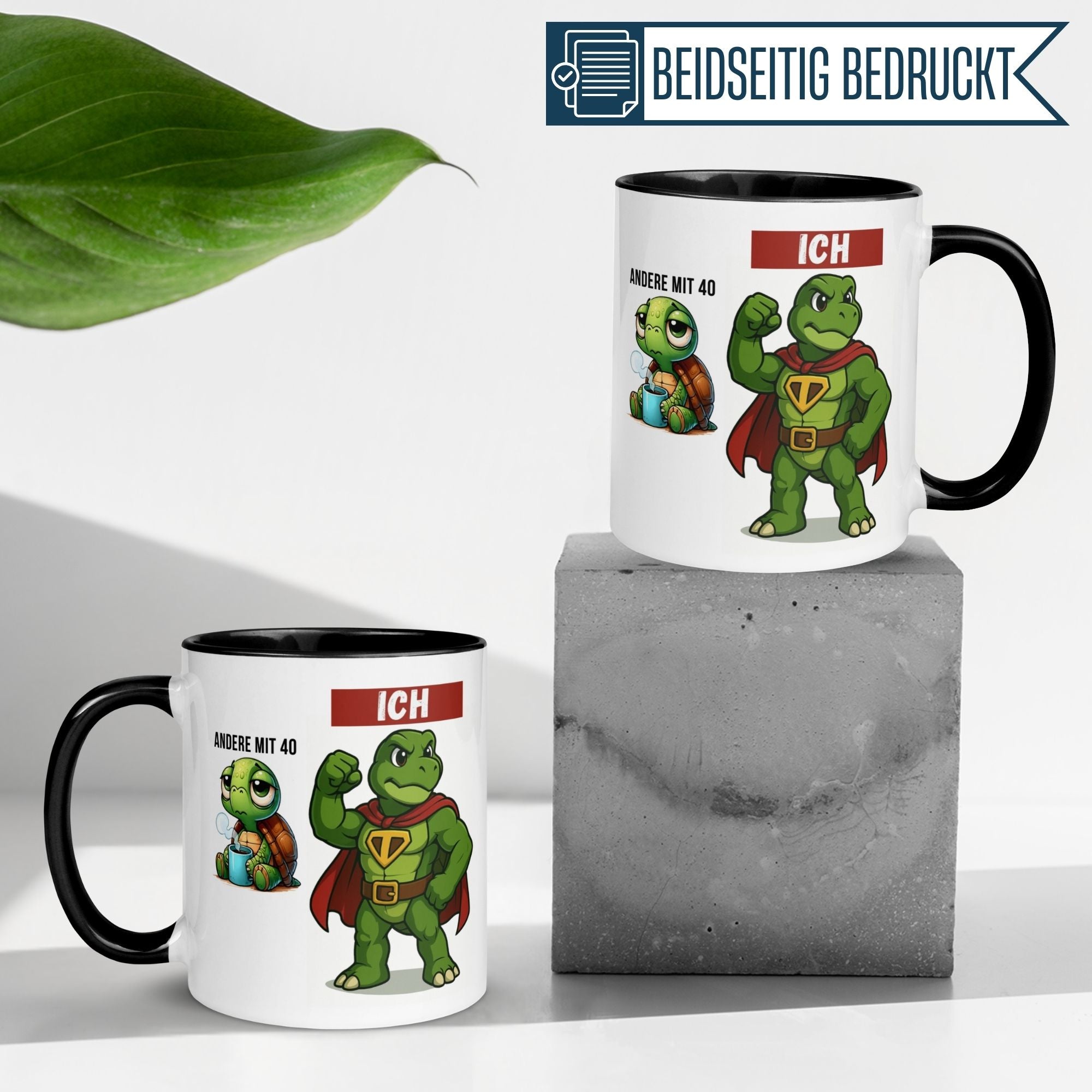 Momentals® 40th birthday mug featuring a turtle superhero and humorous text, perfect gift for men.