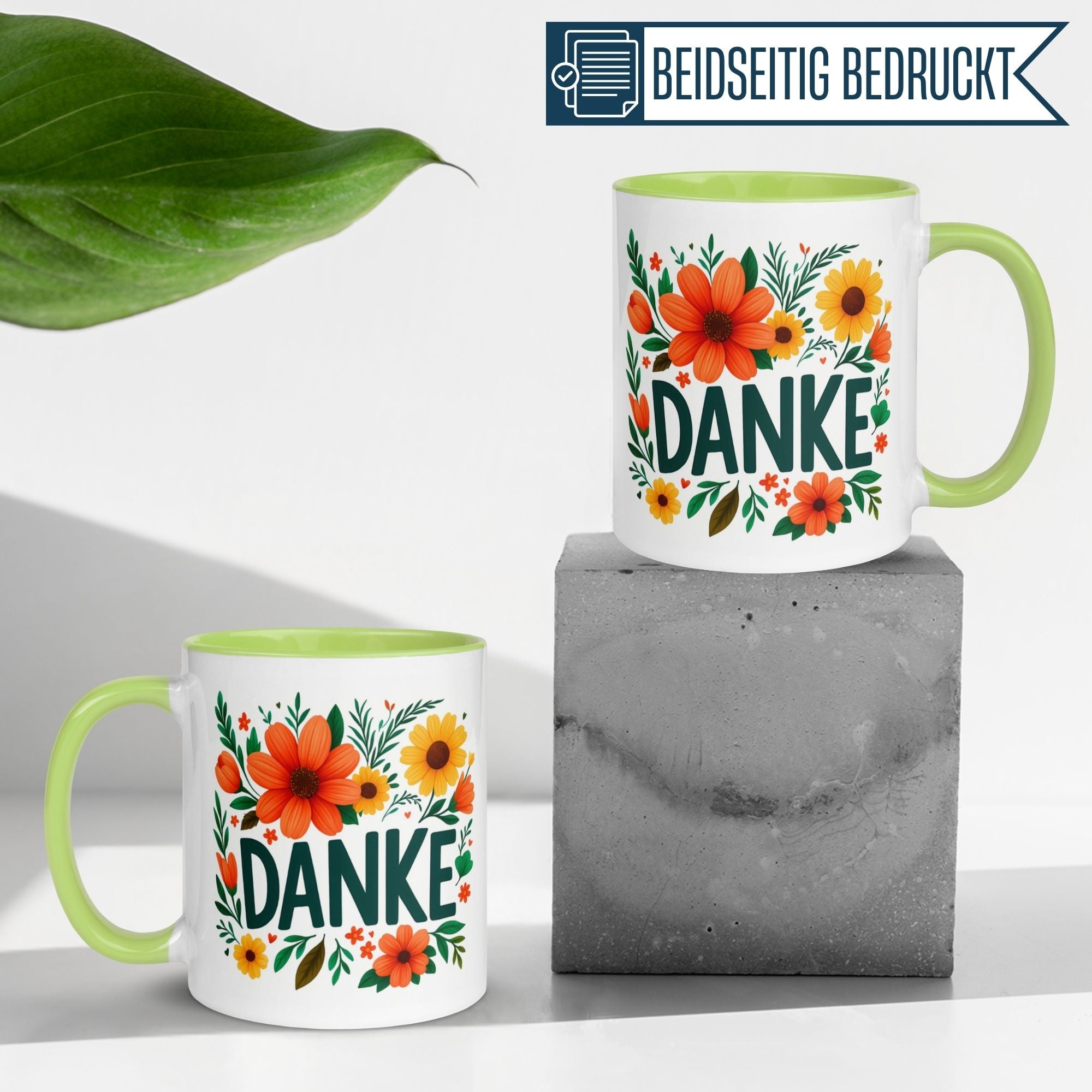 Momentals Tasse mit Dankeschön-Motiv und Sonnenblumen, ideal für Wertschätzung und Kaffeepausen.