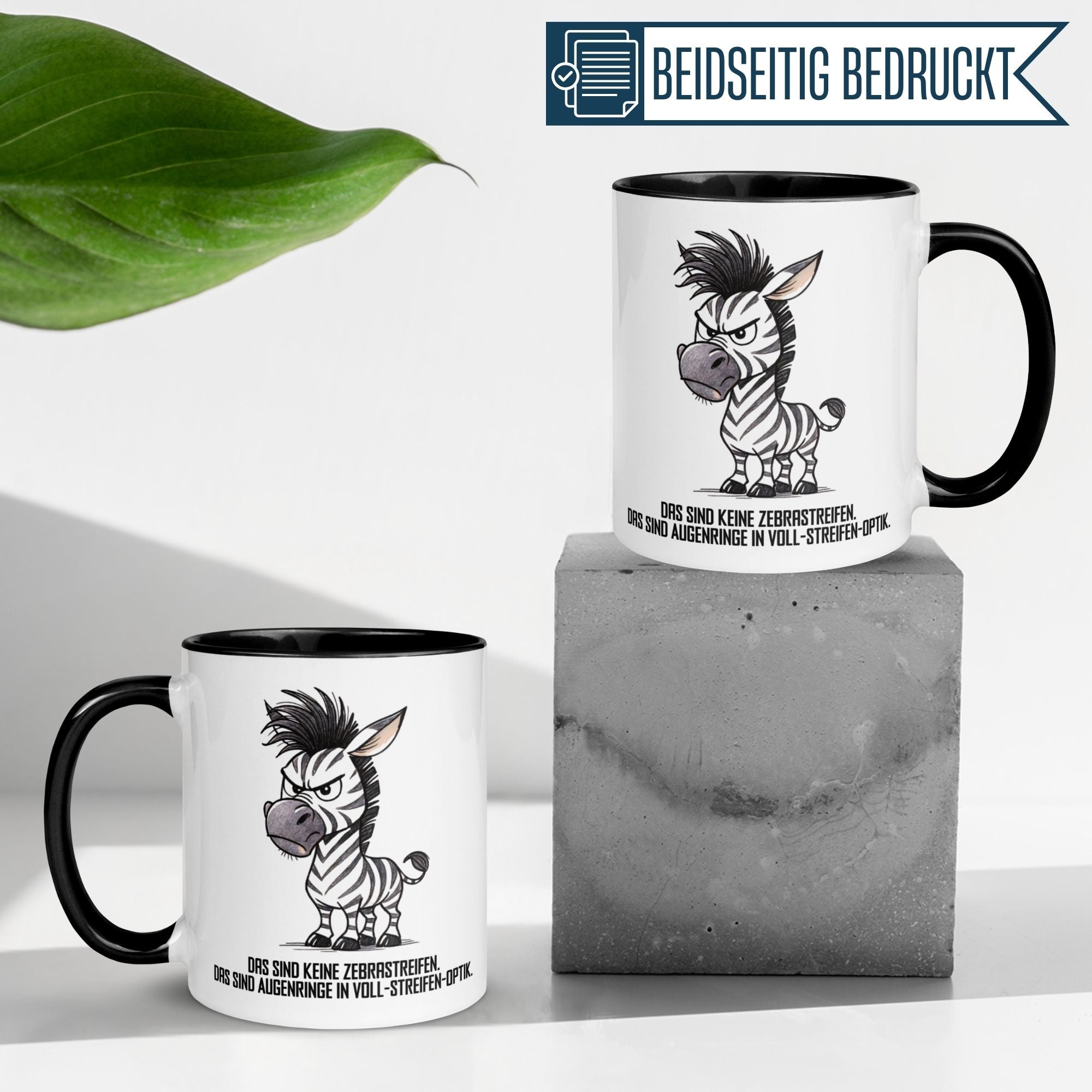 Momentals Zebra mug with funny quote about morning energy and eye bags, showcasing humor and charm.