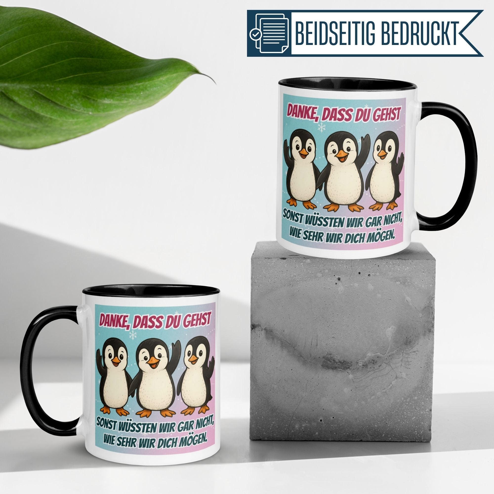Momentals Tasse mit Pinguinen und Spruch "Danke, dass du gehst" für humorvolle Abschiede im Job.
