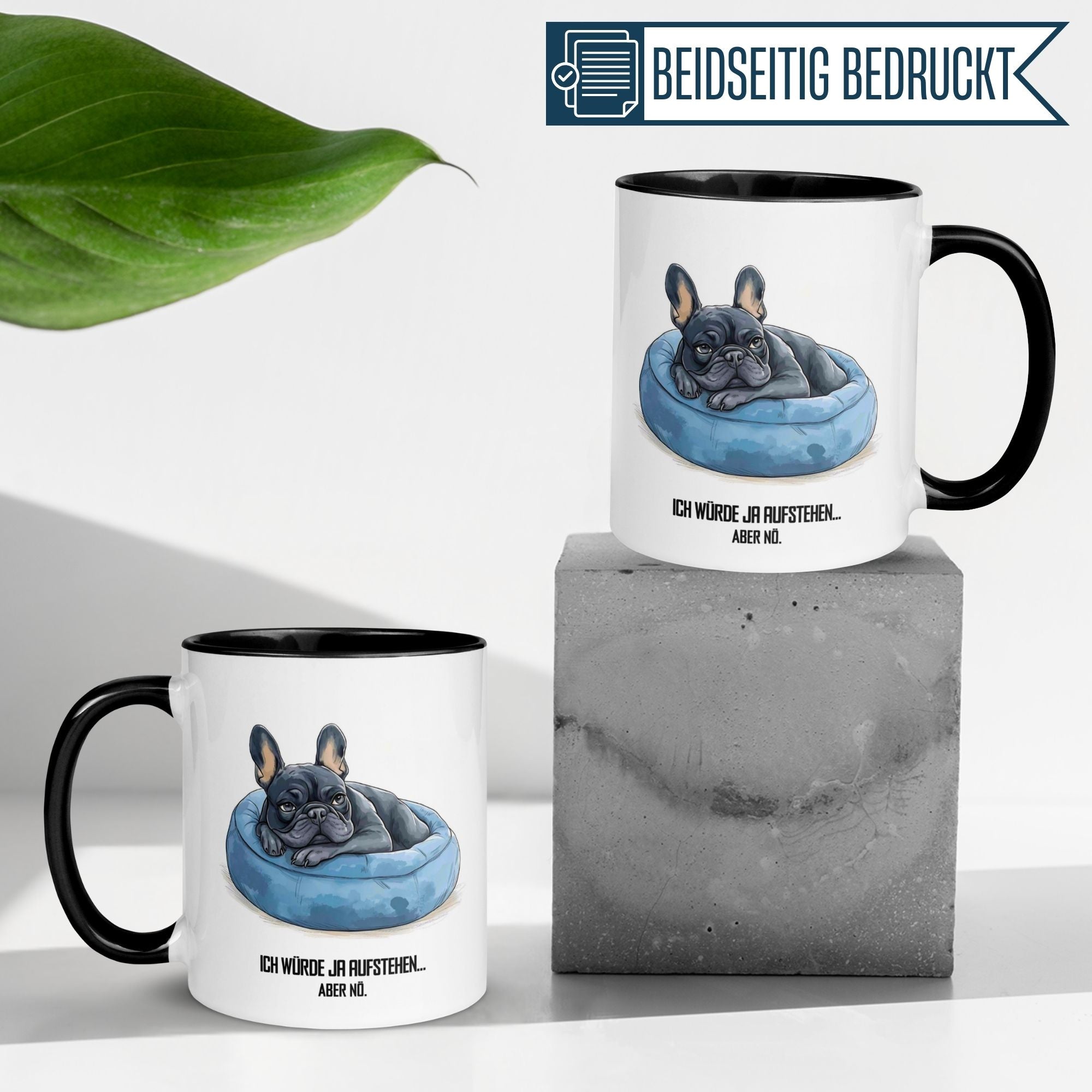 Momentals Tasse Morgenmuffel mit Bulldoggen-Motiv, bedruckt mit humorvollem Spruch für Kaffee-Liebhaber.