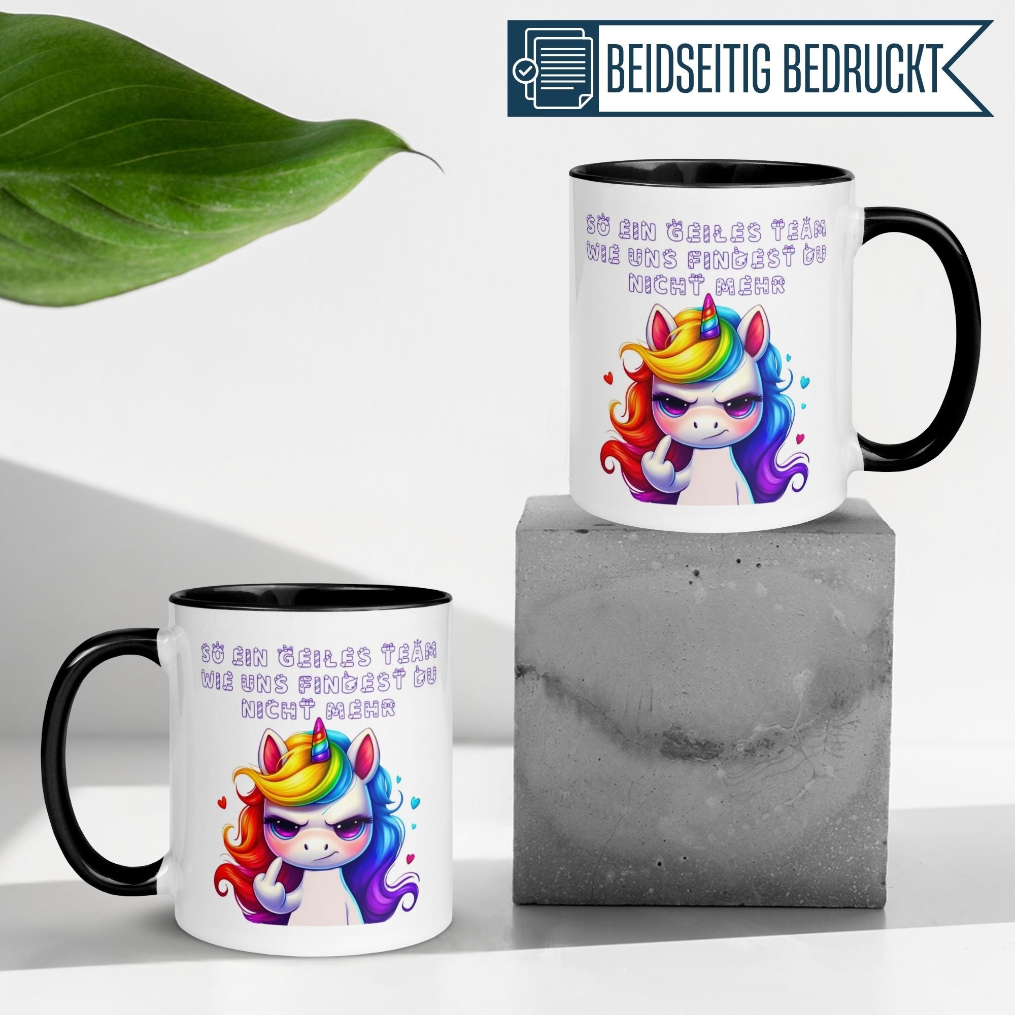 Bunte Momentals Tasse mit Einhorn und Spruch für Kollegen, perfektes Geschenk für Teamgeist.
