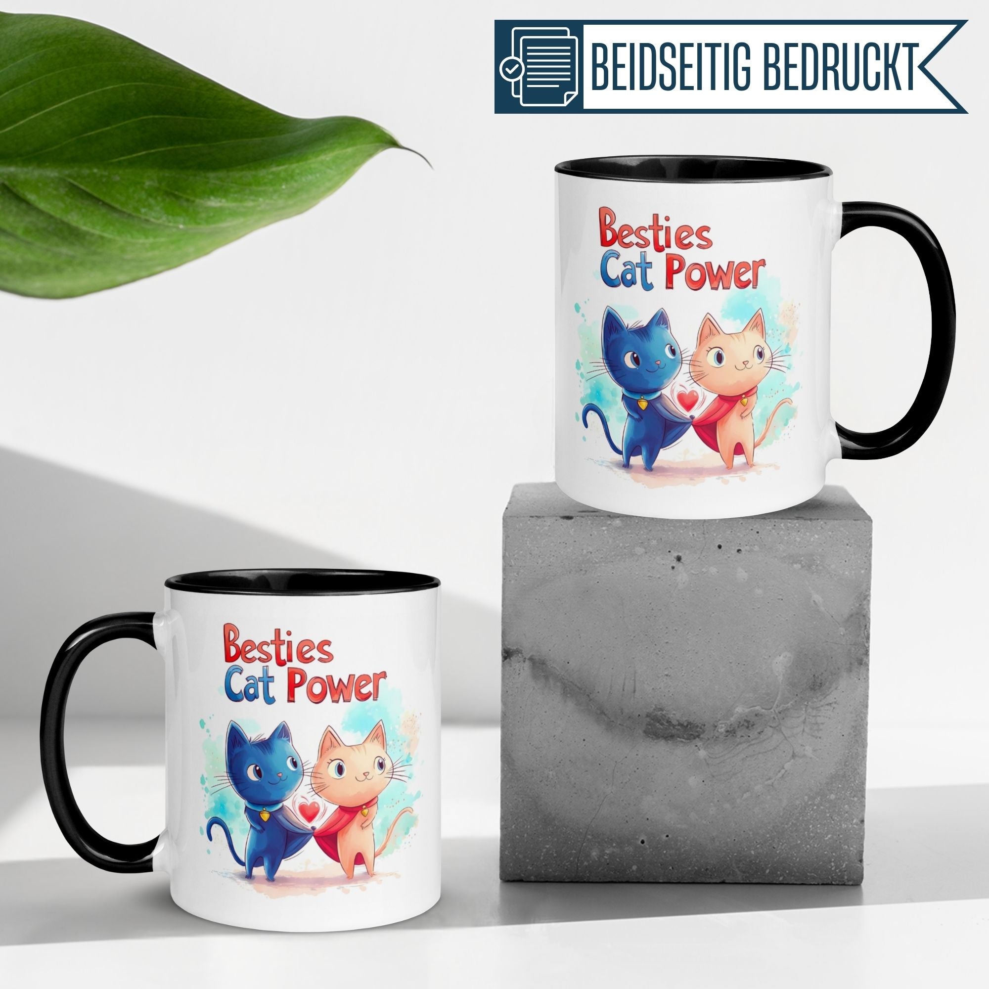 Momentals Tasse mit Katzenmotiven "Besties Cat Power" auf neutralem Hintergrund, perfekt für beste Freunde.