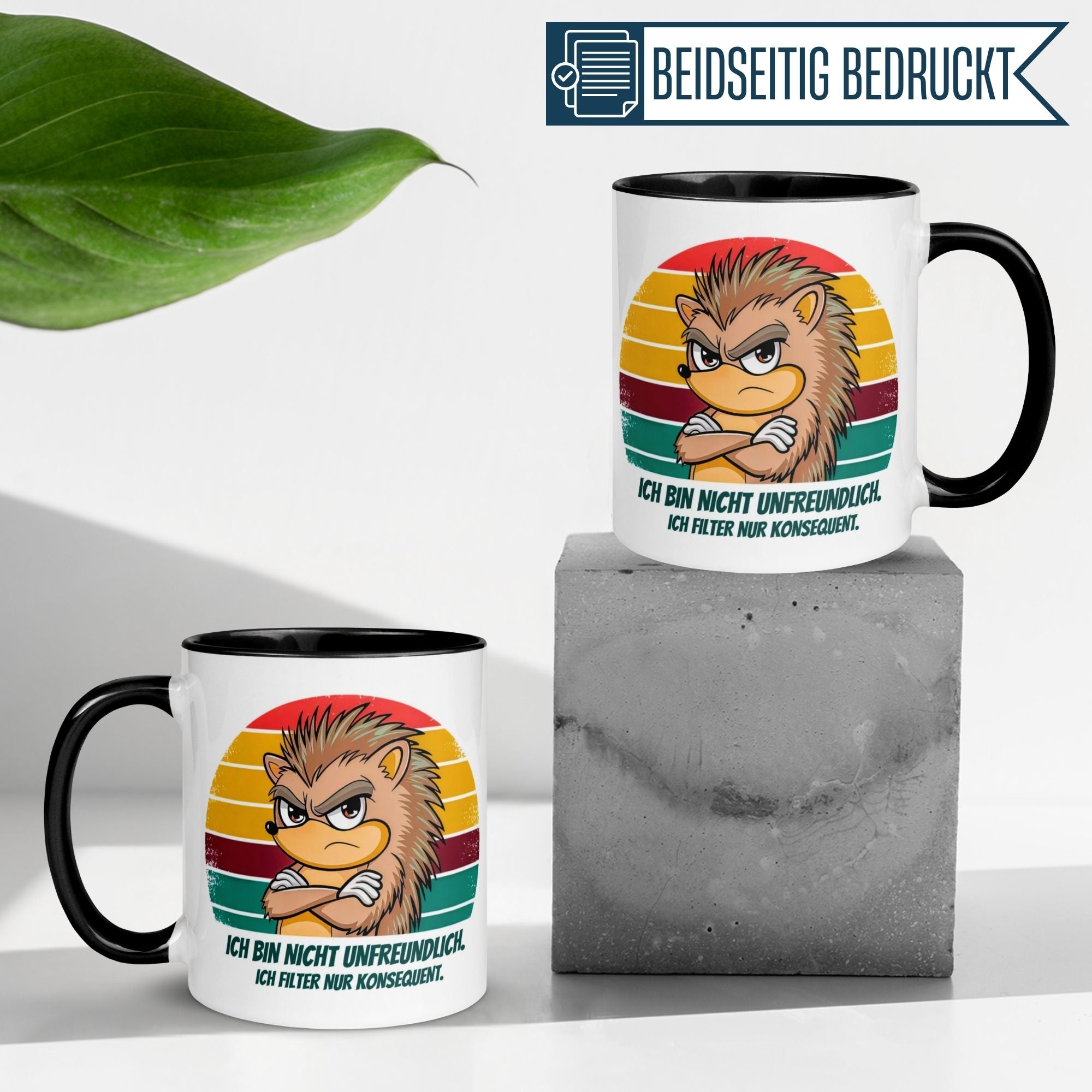 Momentals® Tasse mit Igel-Motiv, Spruch "Ich bin nicht unfreundlich", ideal für Morgenmuffel.