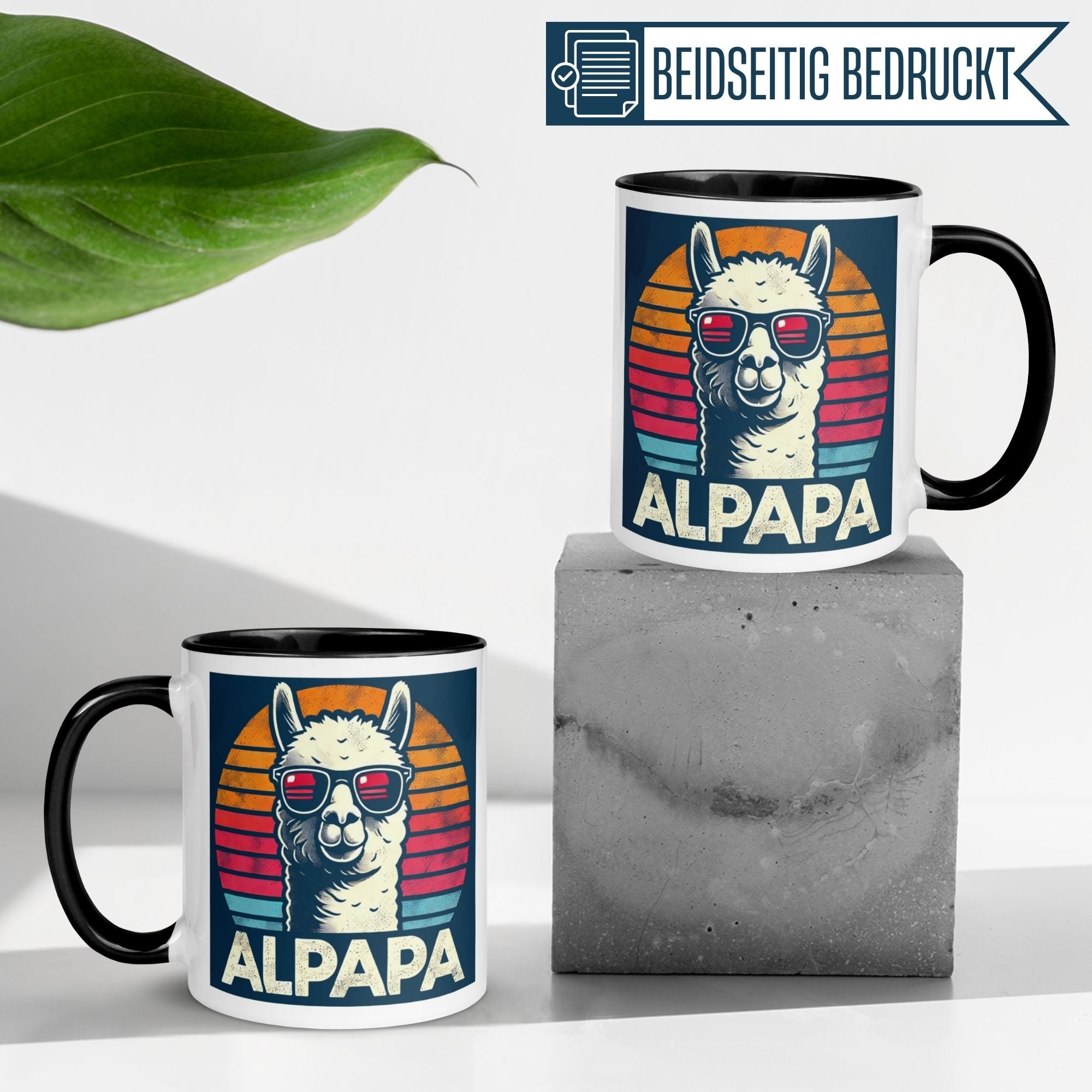 Momentals® Tasse mit Alpaka-Motiv und Sonnenbrille, beidseitig bedruckt, witziges Geschenk für Tierliebhaber.