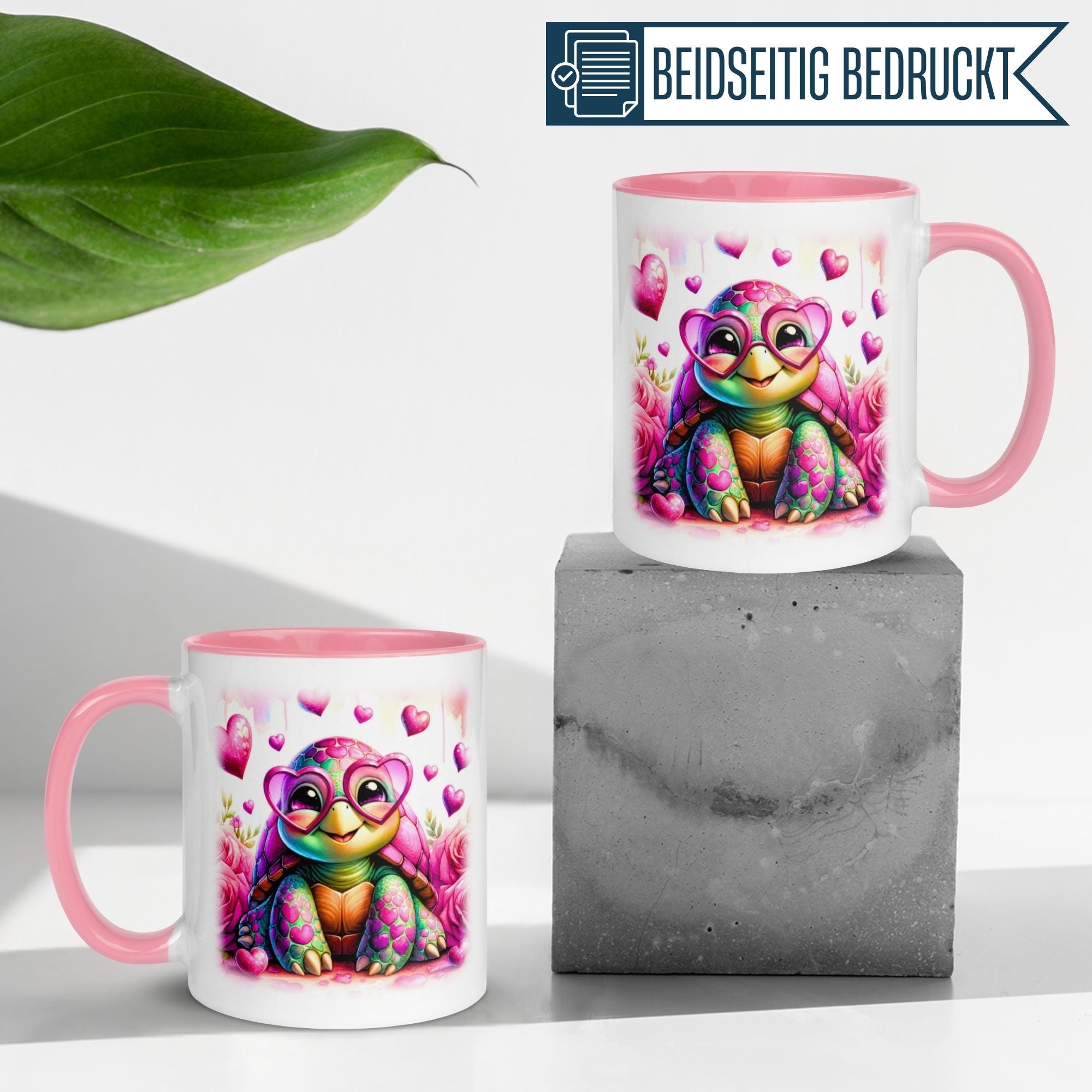 Momentals® Tasse | Schildkröte mit Herzbrille & Rosen | Rosa Herzdesign für Verliebte