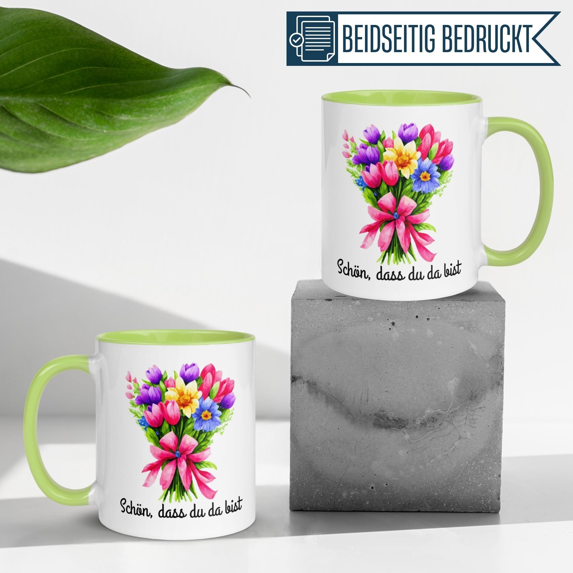 Momentals Tasse mit Blumenmotiven: "Schön, dass du da bist" für Wertschätzung und Dankbarkeit.