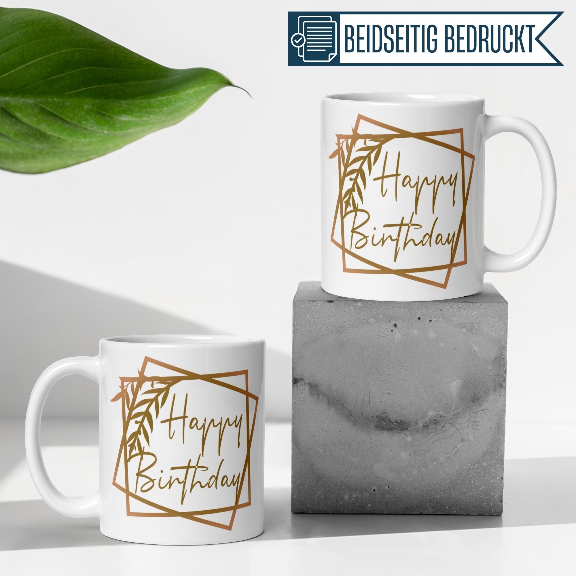 Elegante Tasse mit goldenem "Happy Birthday" Schriftzug, ideal für stilvolle Geschenke.