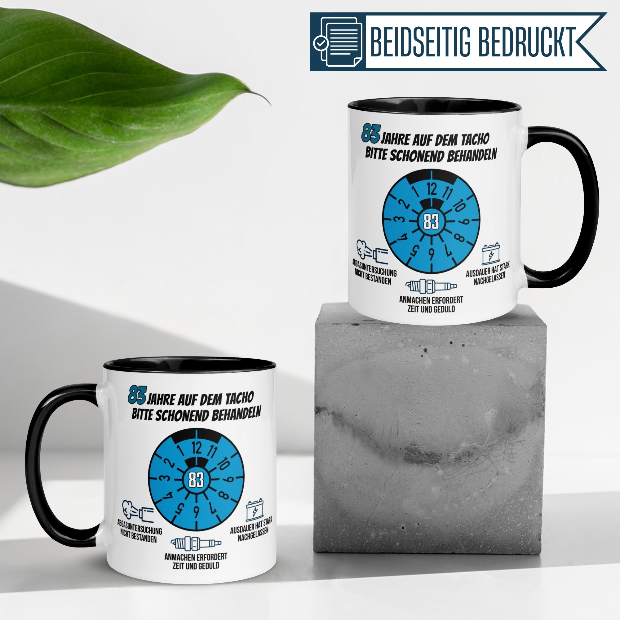 Momentals® Tasse 83. Geburtstag | Siegel & Spruch | 83 Jahre auf dem Tacho - Schonend behandeln