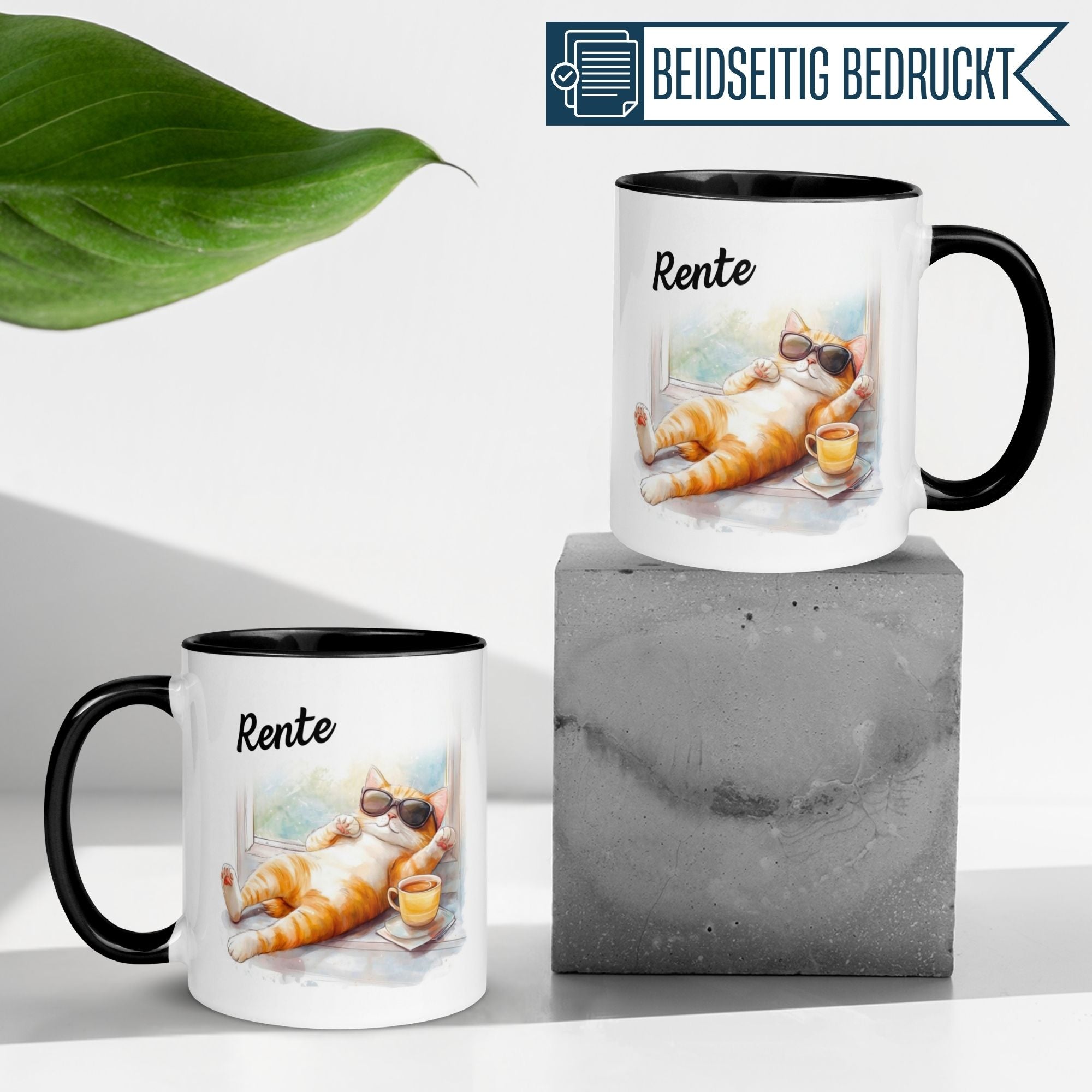 Momentals® Tasse Rente mit chillender Katze in Sonnenbrille und Spruch, ideal für entspannte Renten-Tage.
