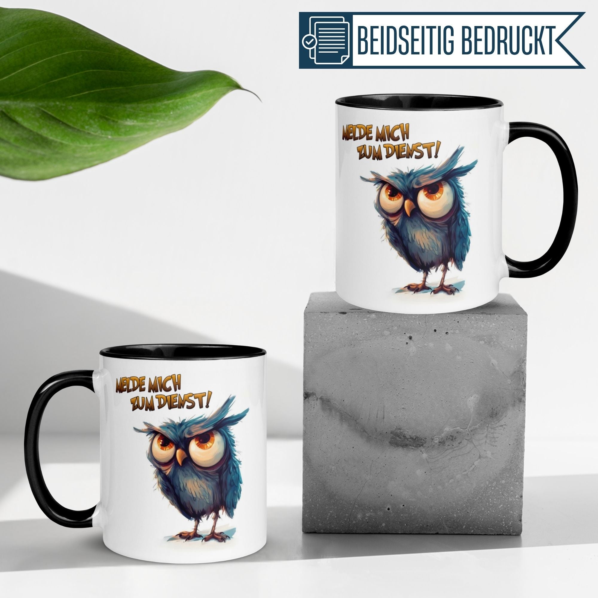 Tasse Eule – „Melde mich zum Dienst“ – lustiger Eulen Geschenk Becher für Morgenmuffel