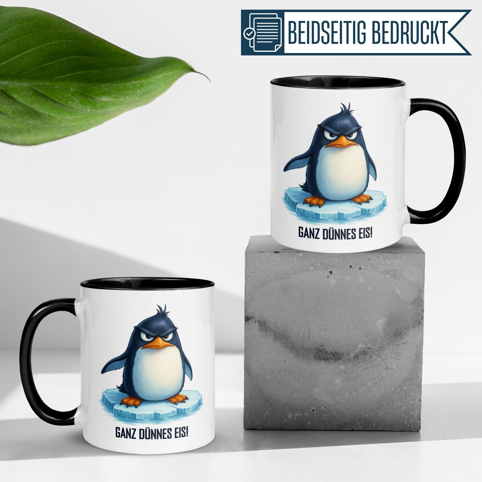 Momentals Tasse mit Pinguin-Motiv und Spruch 'Ganz dünnes Eis!', perfekt für Morgenmuffel.